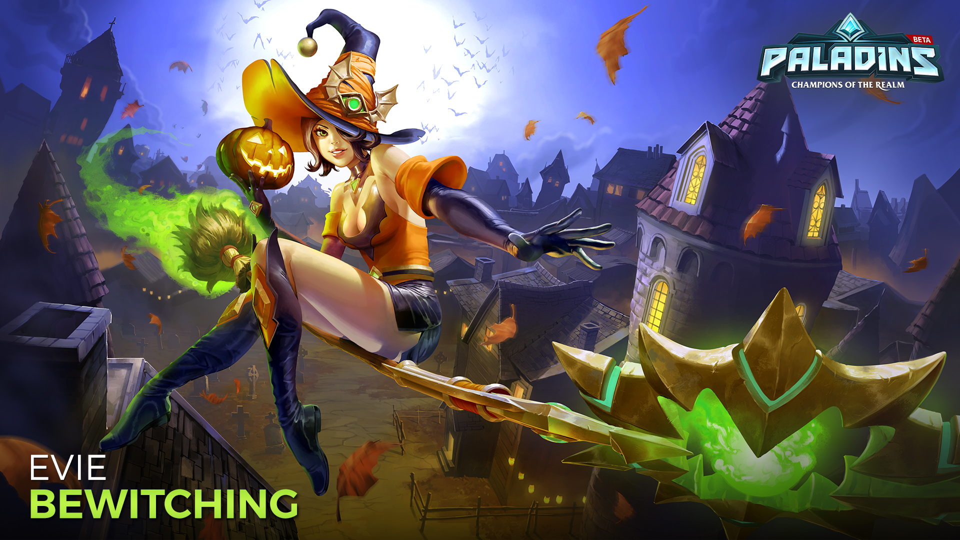 Paladins Video Game Evie Paladins Halloween Hat Smile Flying Boots Pumpkinhead Green Eyes Brown Hair 1920x1080