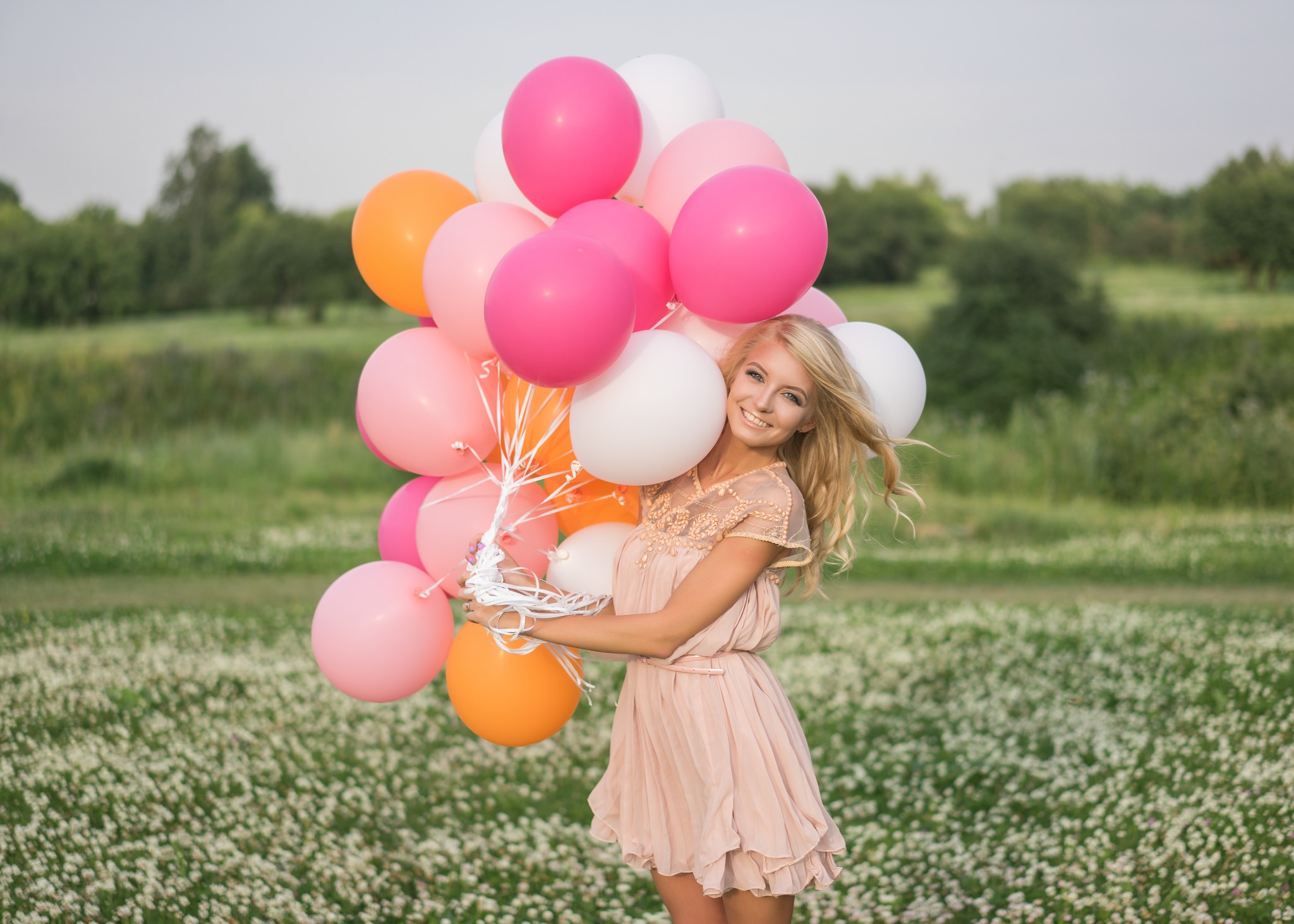 Woman Girl Pink Dress Blonde Smile Blue Eyes Depth Of Field Balloon 2048x1463