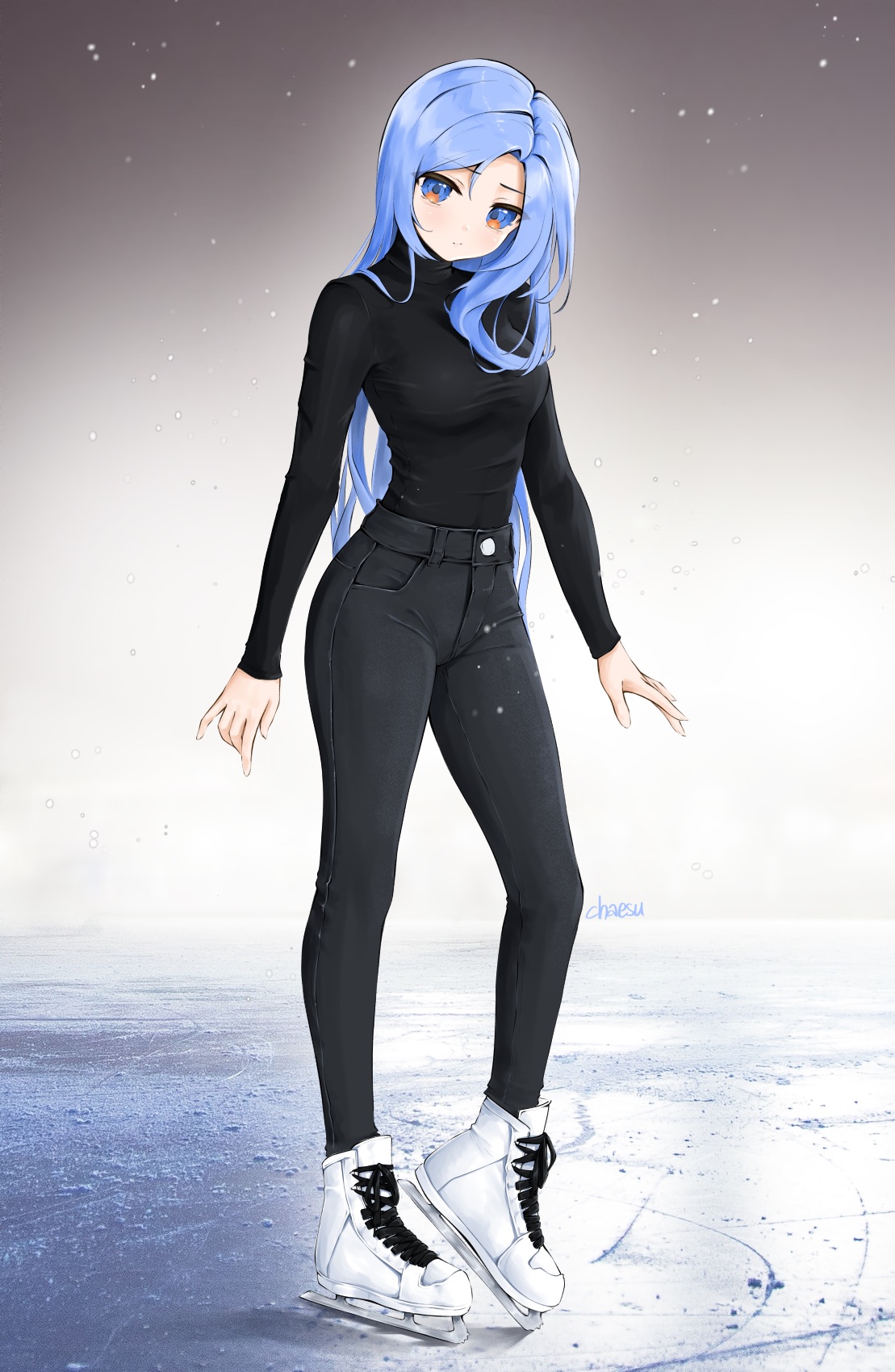 Anime Anime Girls Digital Digital Art 2D Black Pants Black Shirt Ice Skate Chaesu 1109x1700