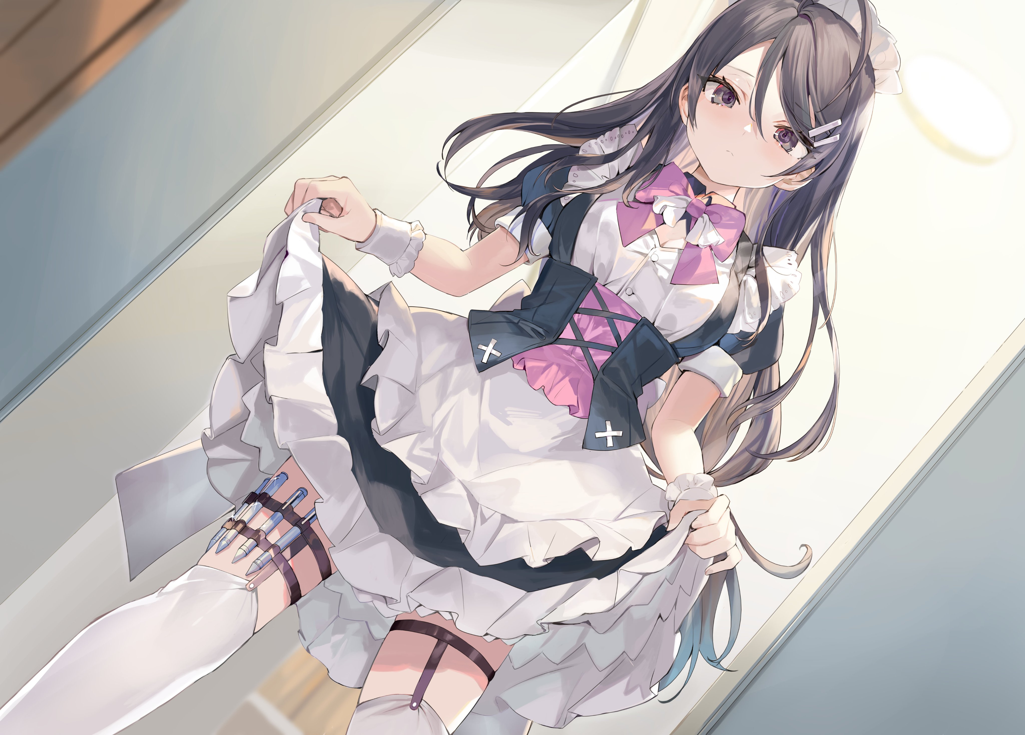 Anime Anime Girls Thigh Highs Maid Outfit Long Hair Dark Hair Dark Eyes Artwork Momoko 4096x2936