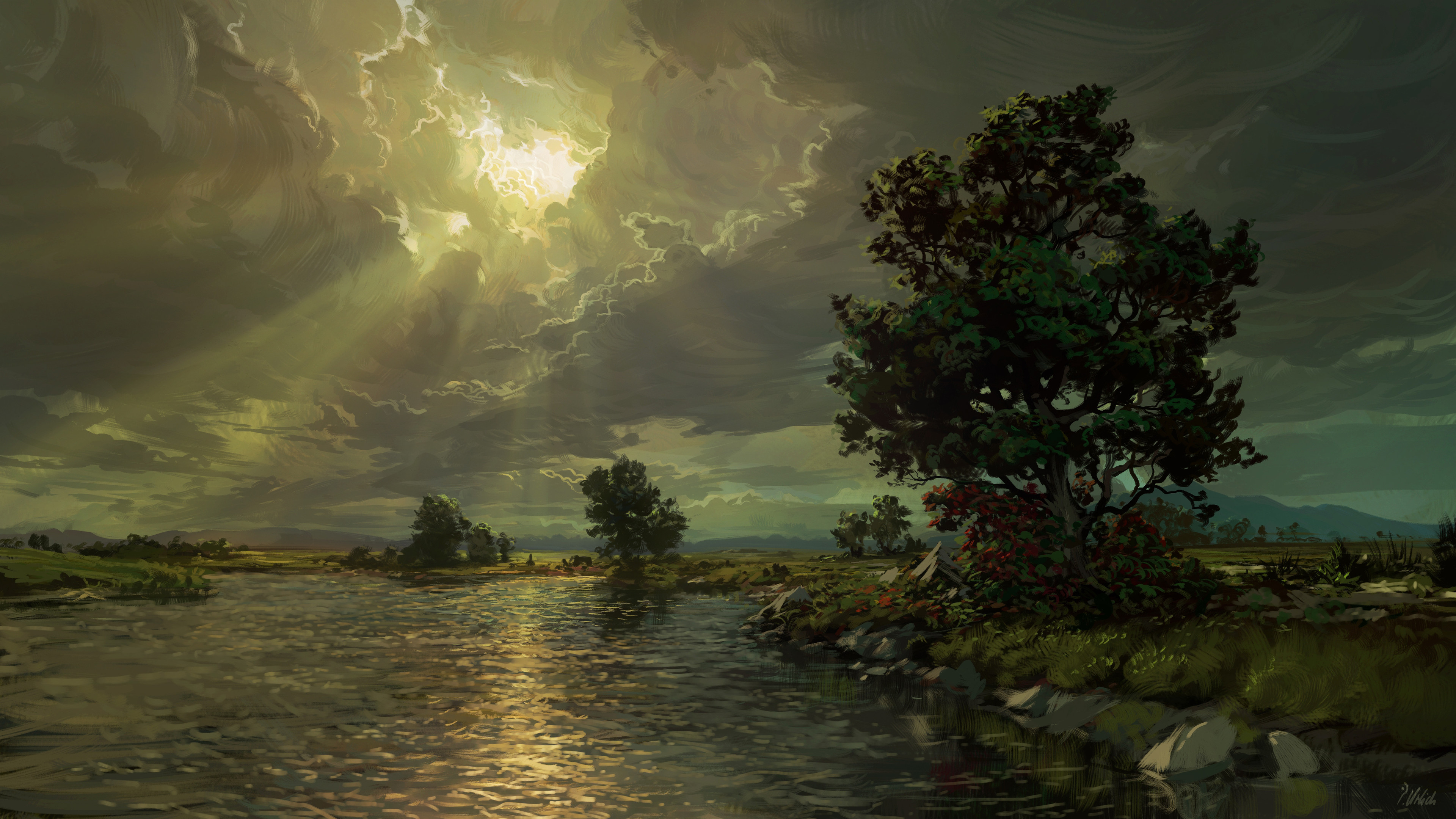 Philipp A Ulrich Digital Art Landscape Clouds Trees Lake 3840x2160
