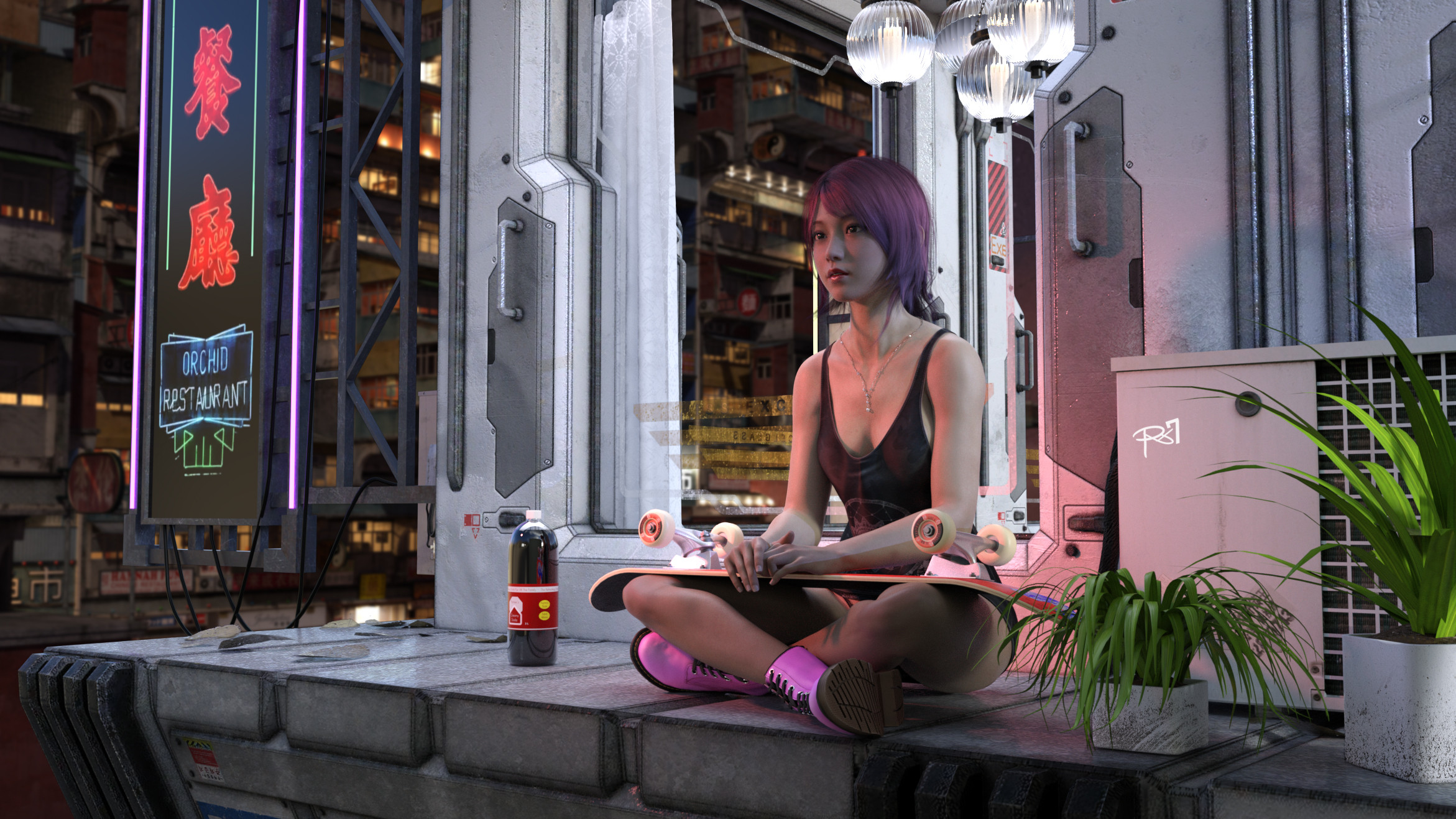 Philip Jones Digital Art Character Design Women Asian T Shirt 3D Boots Skateboarding Sitting Soda Pu 2342x1317