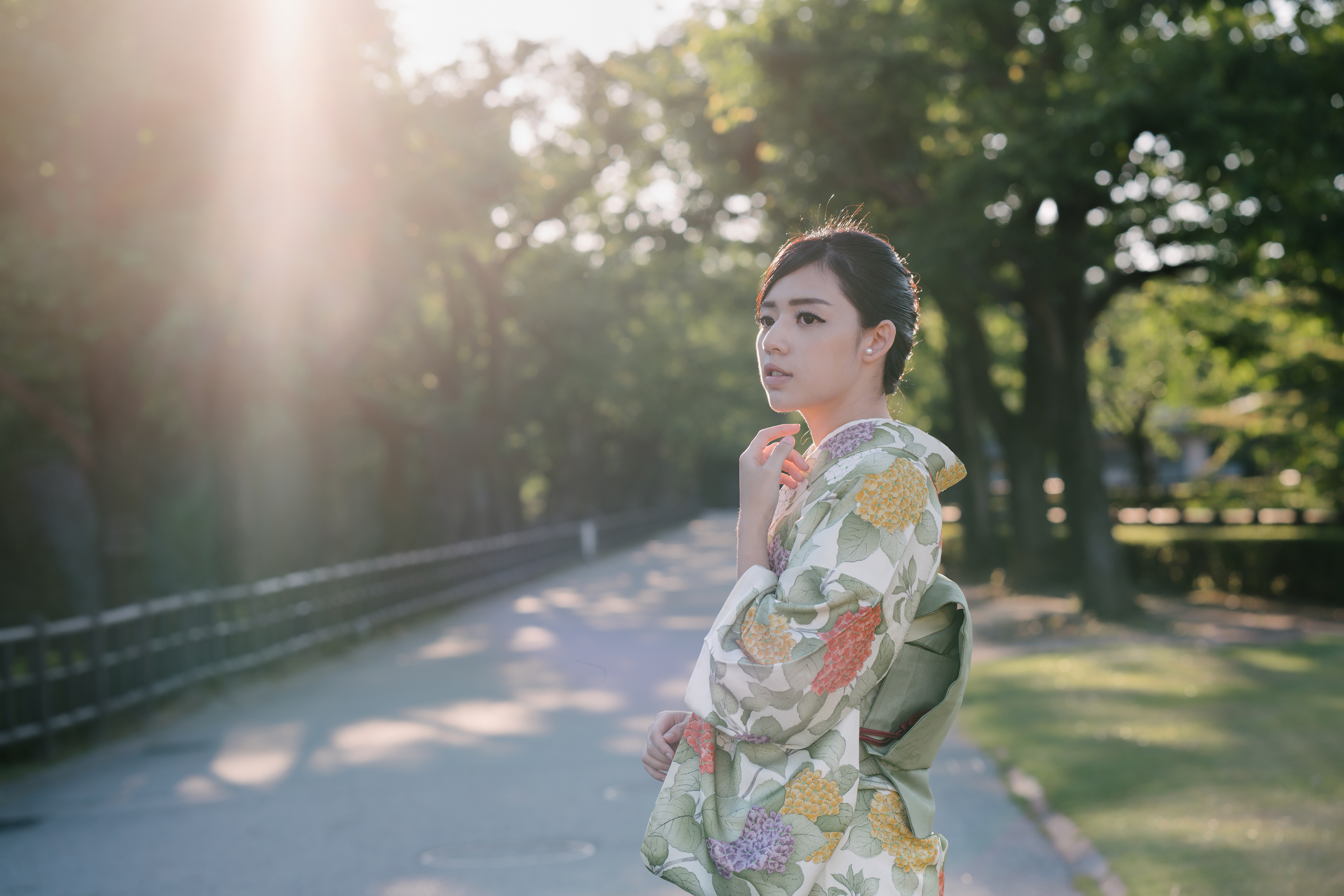 Model Women Brunette Asian Traditional Clothing Looking Away Glare Park Trees Women Outdoors 5616x3746