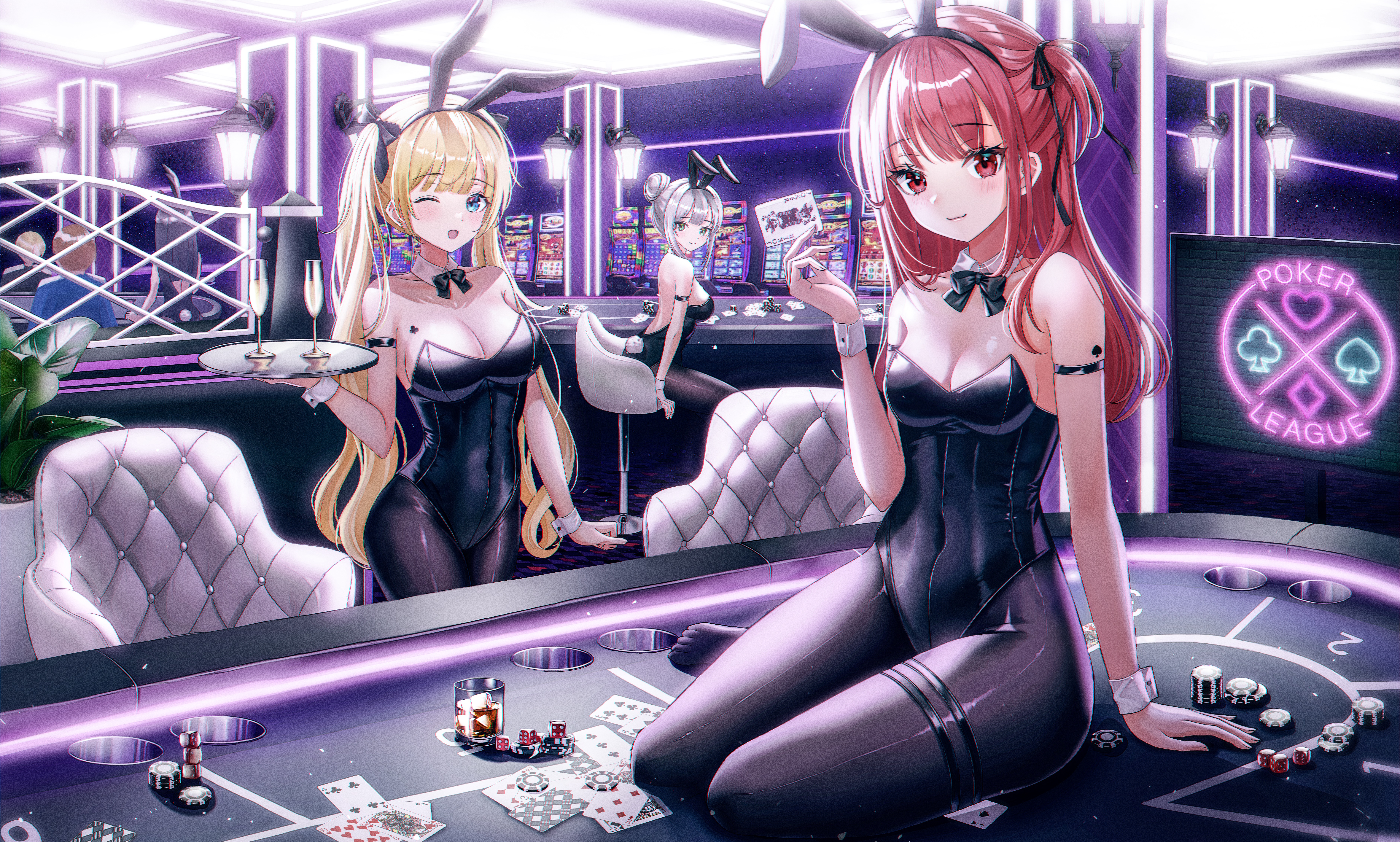 Anime Anime Girls Casino Card Games Poker Blonde Redhead Silver Hair Pora 0918 7520x4523