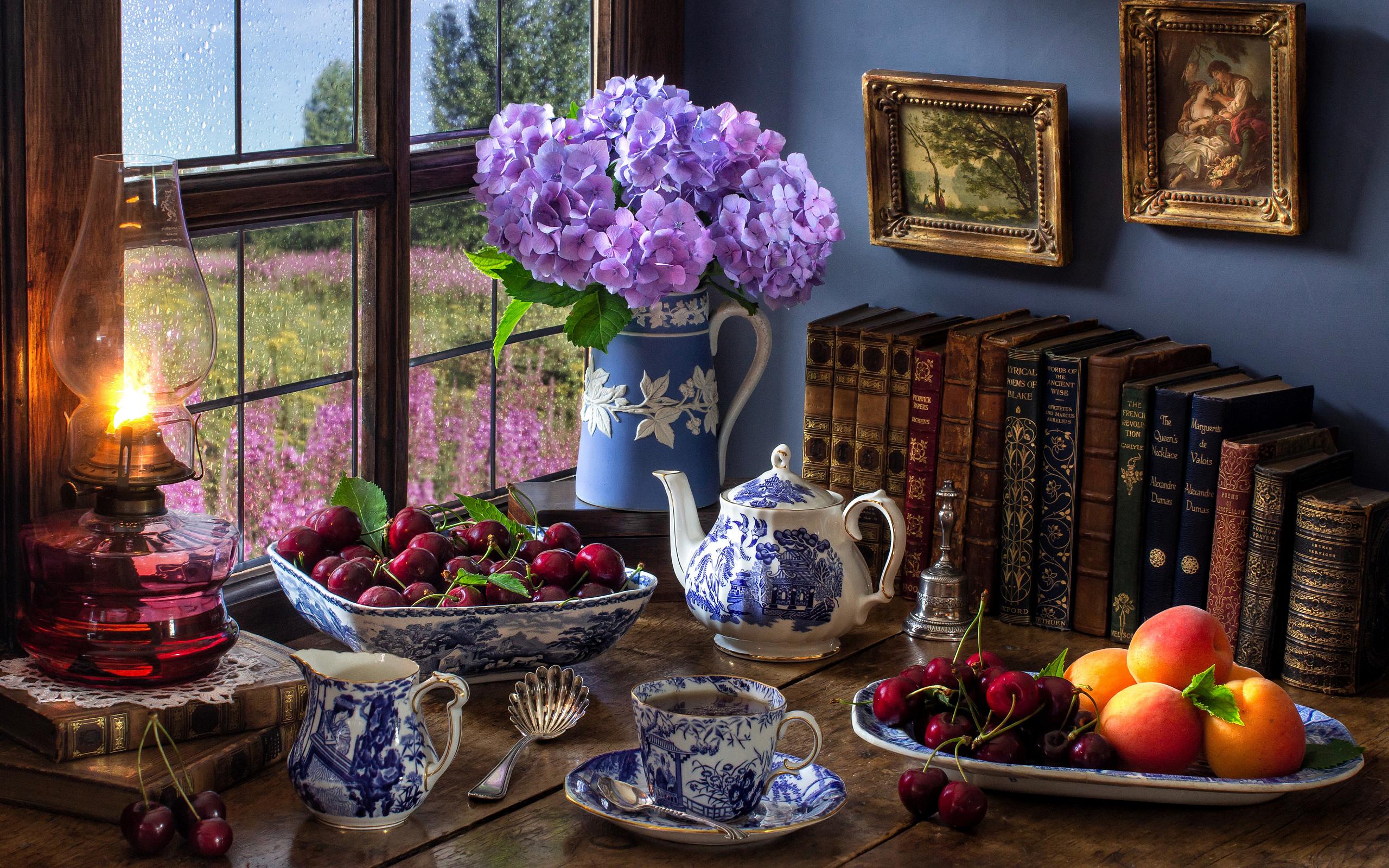 Fruit Book Bowl Tea Hydrangea Pitcher Lamp 2560x1600