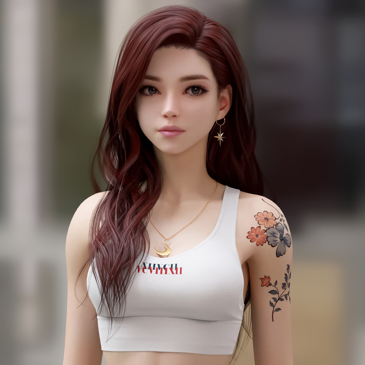 Shin JeongHo CGi Women Redhead Tank Top White Clothing Necklace Long Hair Looking Away Tattoo Depth  1280x1280