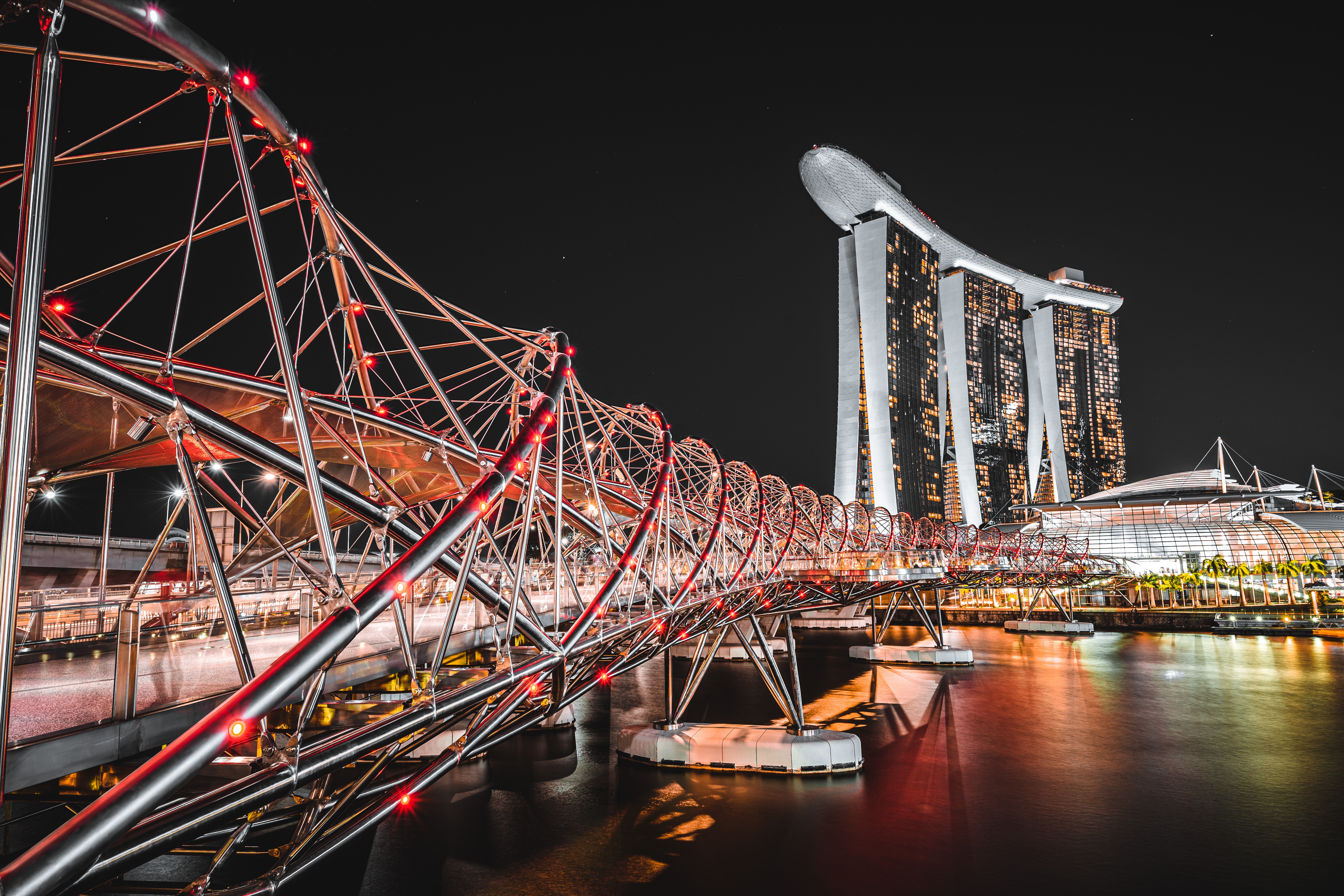 Night Singapore Building Helix Bridge 6000x4000