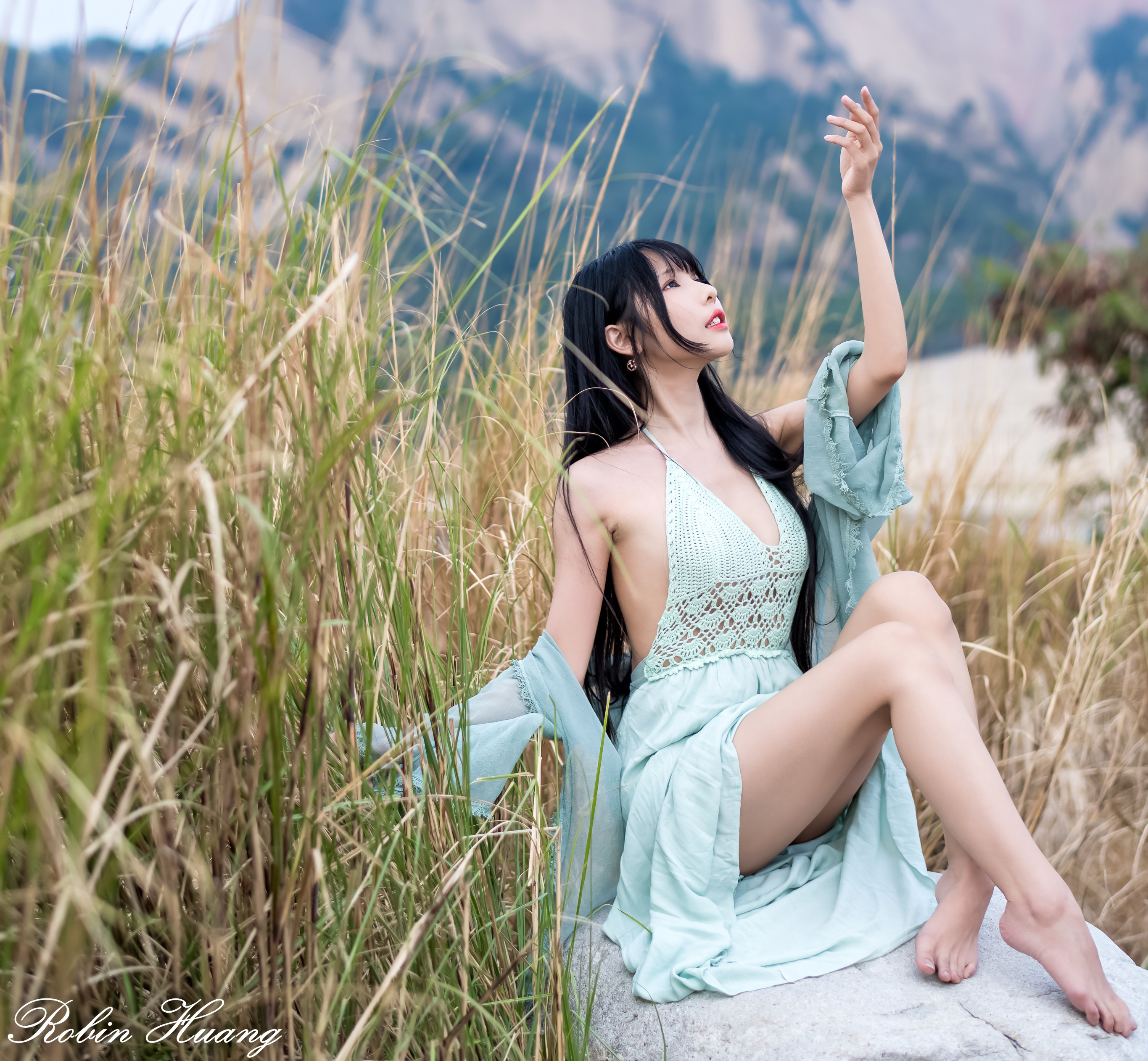 Robin Huang Women Asian Dark Hair Long Hair Dress Blue Clothing Nature Grass Legs Barefoot Vicky Asi 2731x2525