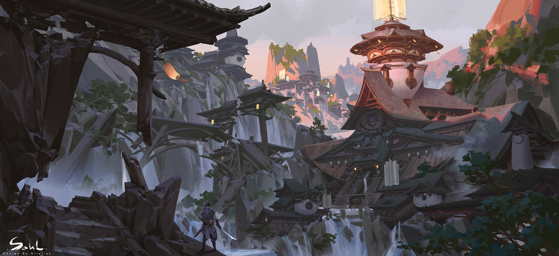 Building Landscape Samurai Katana Temple Waterfall Abandoned Mountains Ruins Ruined 1920x882