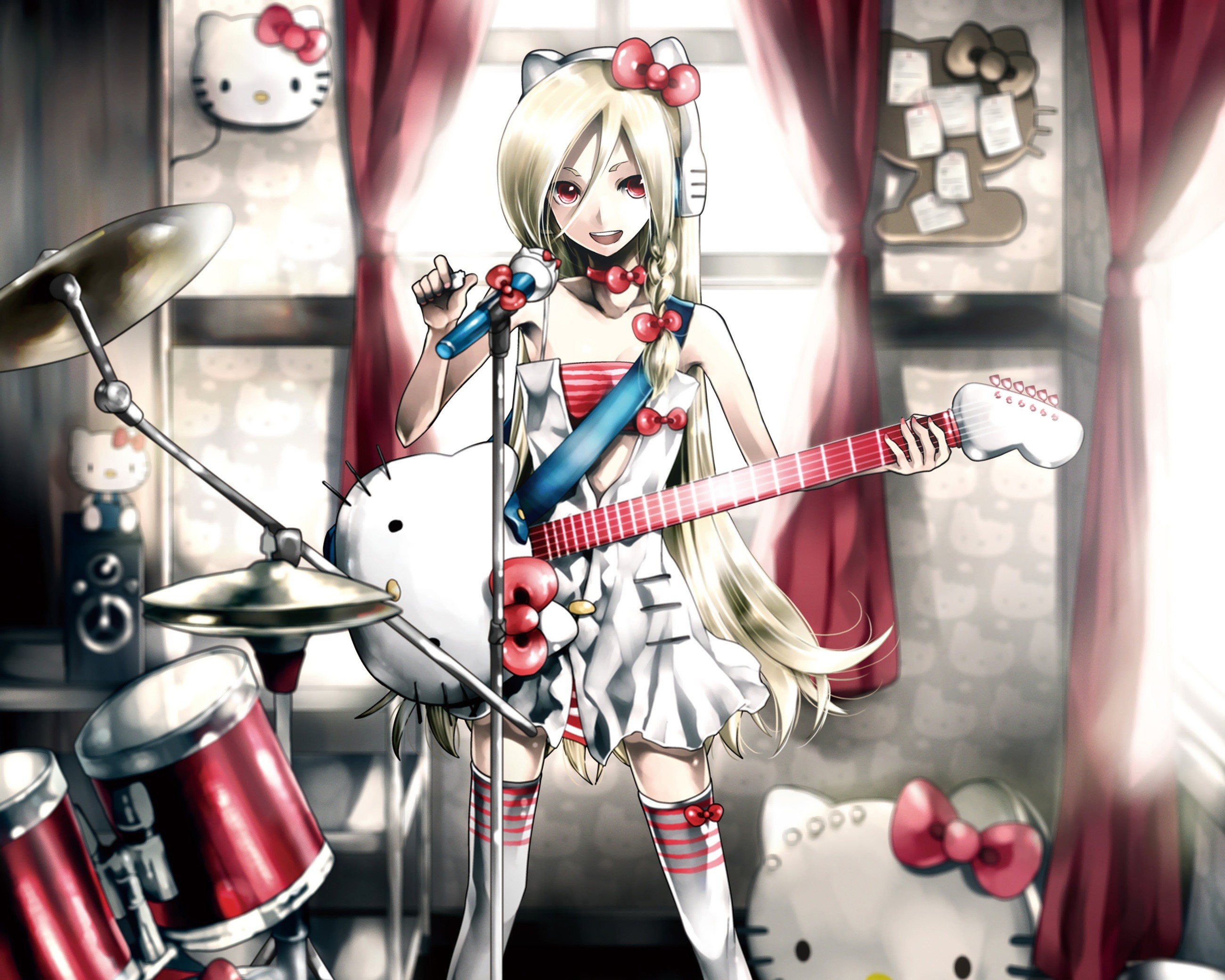 Anime Anime Girls Hello Kitty Drums Guitar Microphone Blonde Long Hair Bangs Braided Hair Pink Eyes  2600x2080