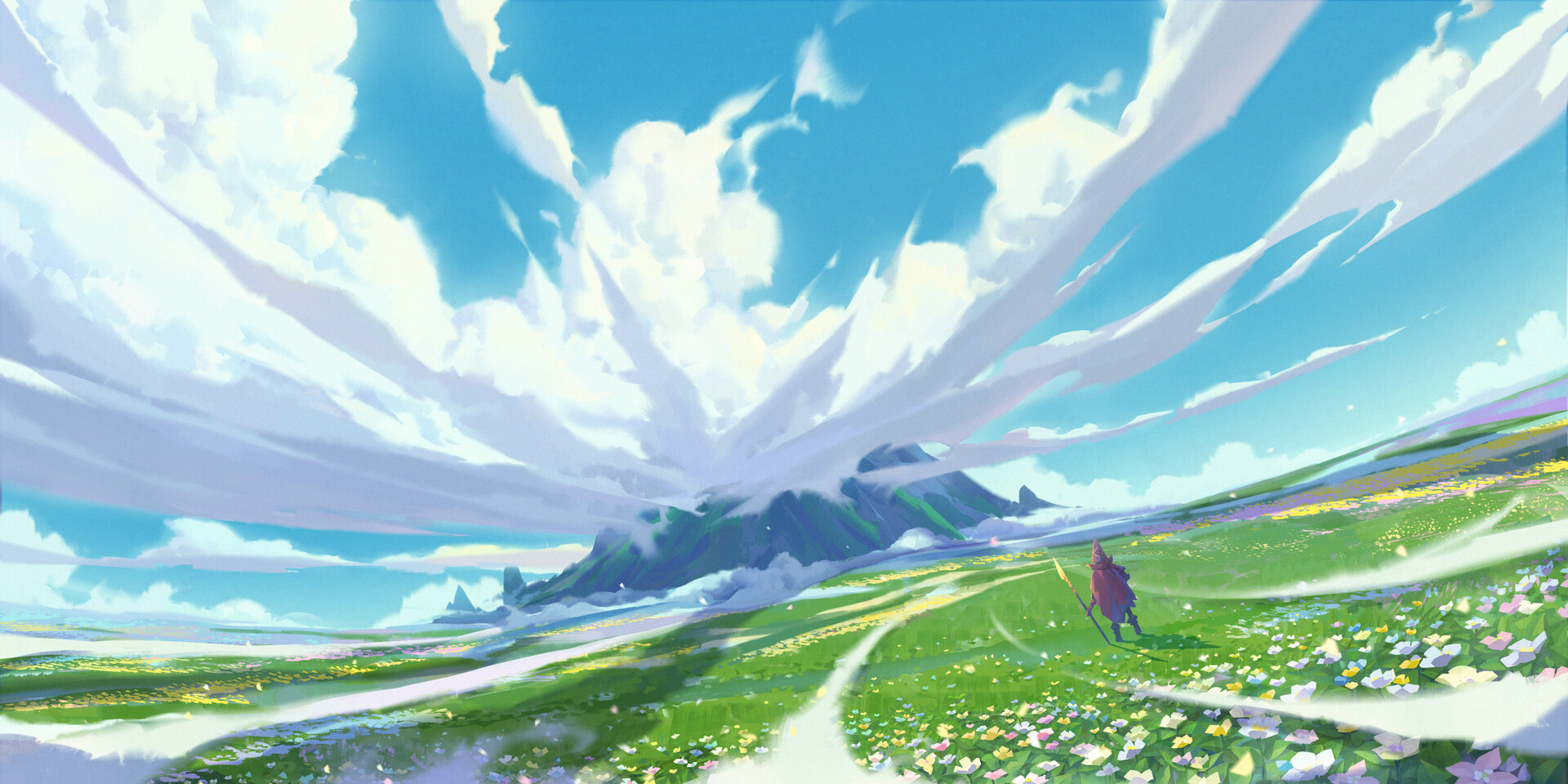 YH Wu Digital Art Fantasy Art Clouds Flowers Field Landscape Staff Mountains 1920x960
