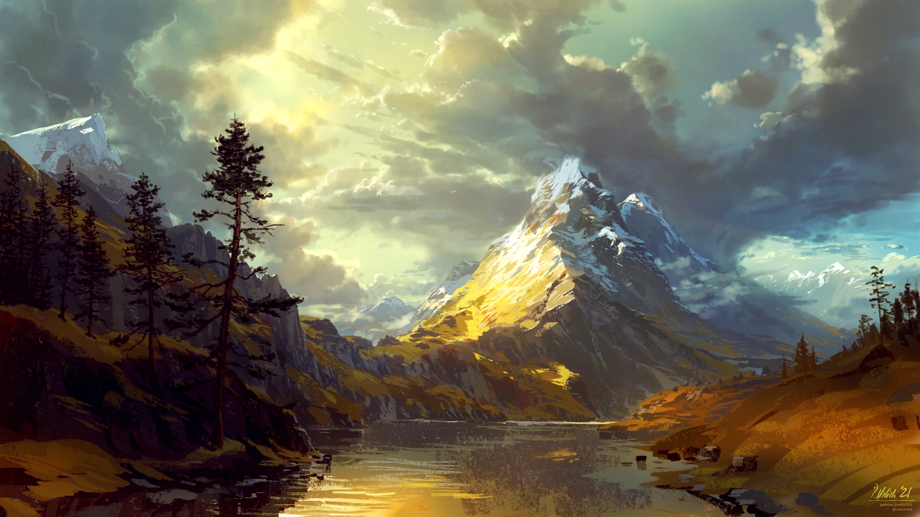 Digital Painting Landscape Mountains River Clouds Philipp A Ulrich 3200x1800