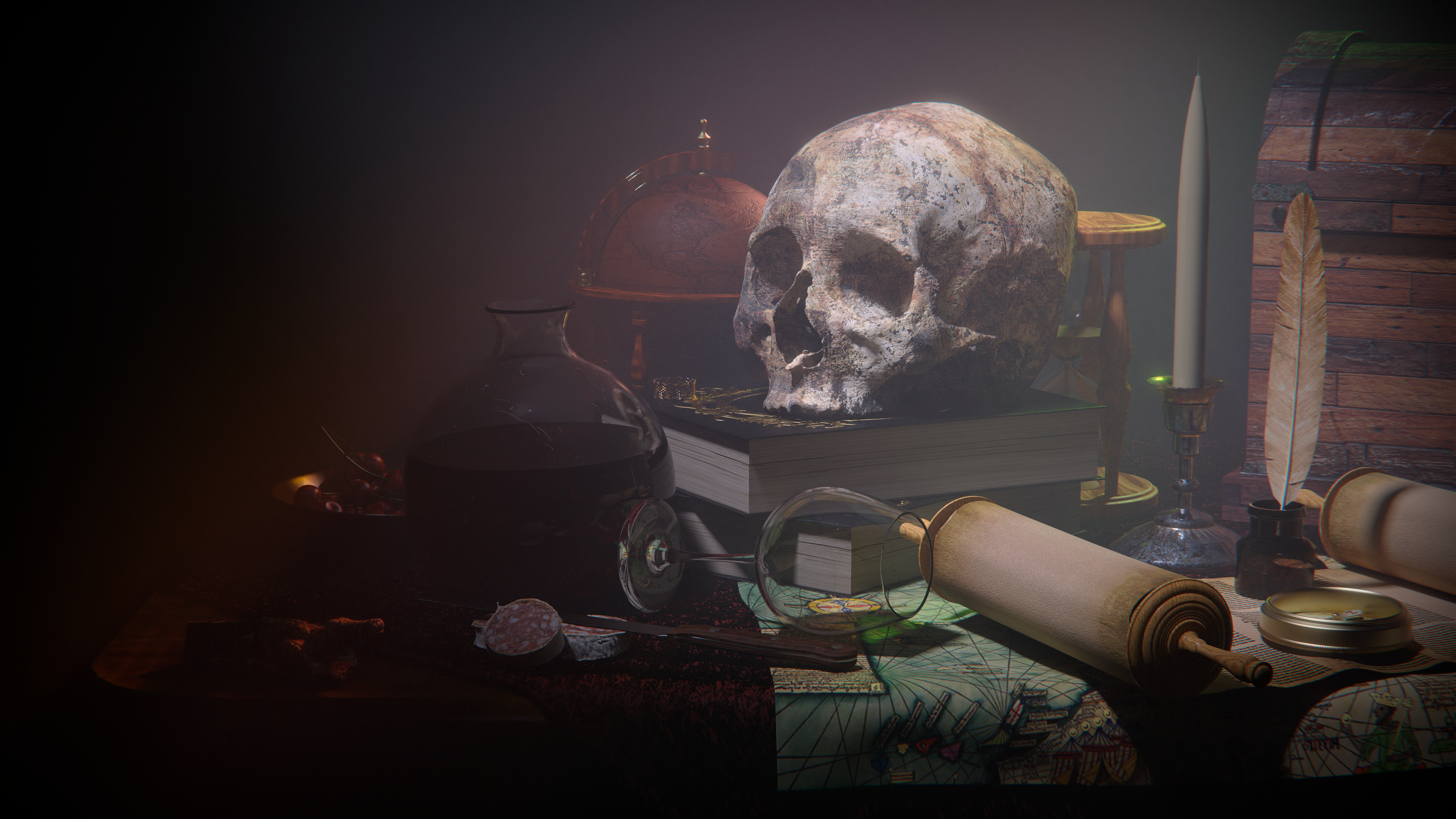 CGi Digital Art Render Rendering Still Life Skull Wine Glass Wine Scrolls 3840x2160