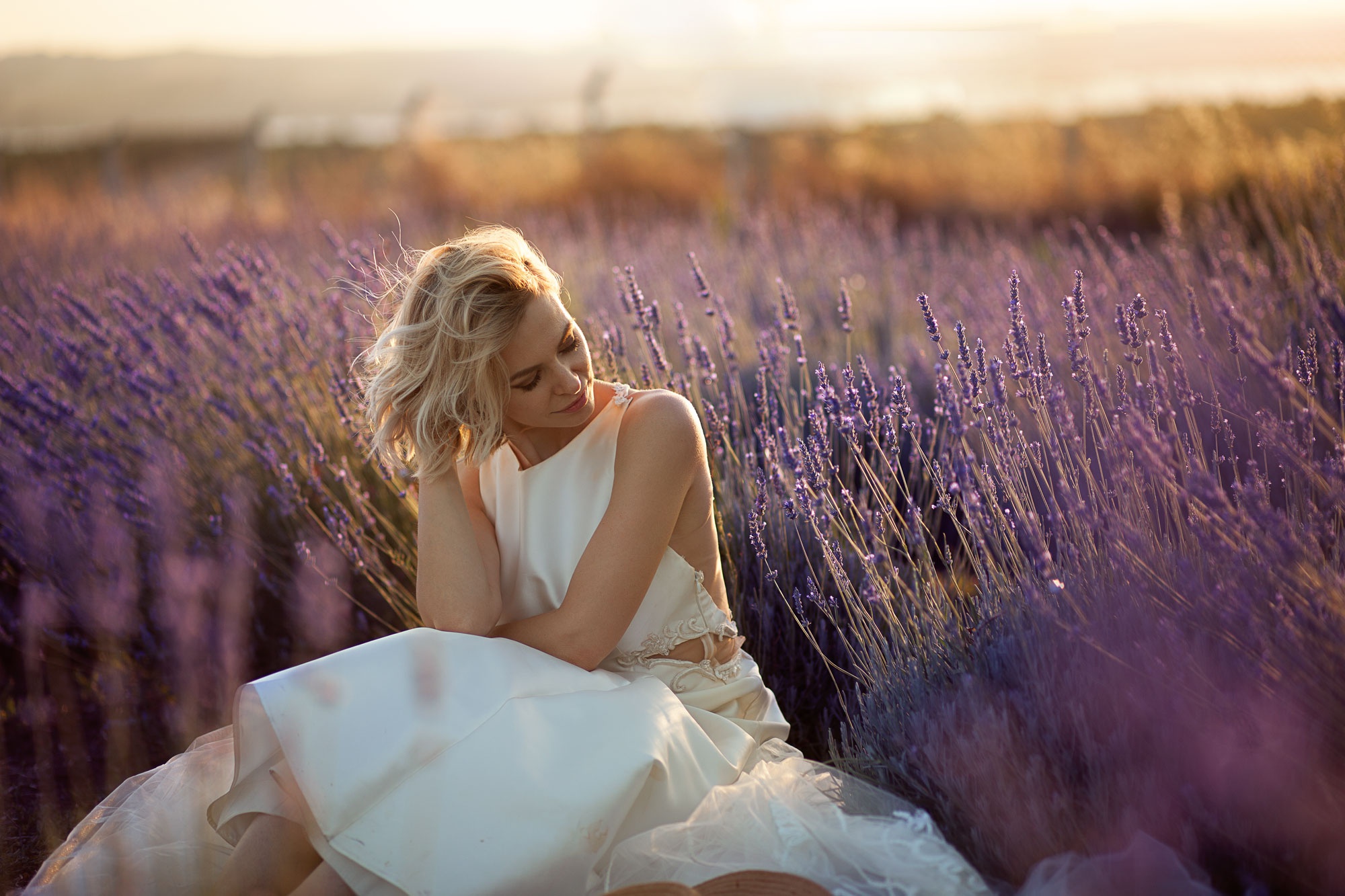 Girl Blonde Lavender Woman Depth Of Field White Dress 2000x1333