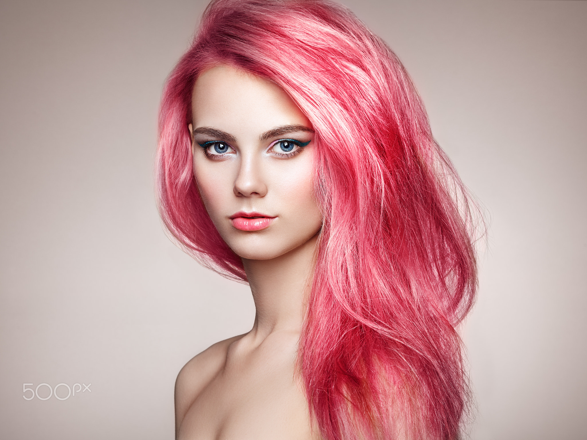 Oleg Gekman Women Anna Nosova Pink Hair Long Hair Makeup Looking At Viewer Simple Background Portrai 2048x1536