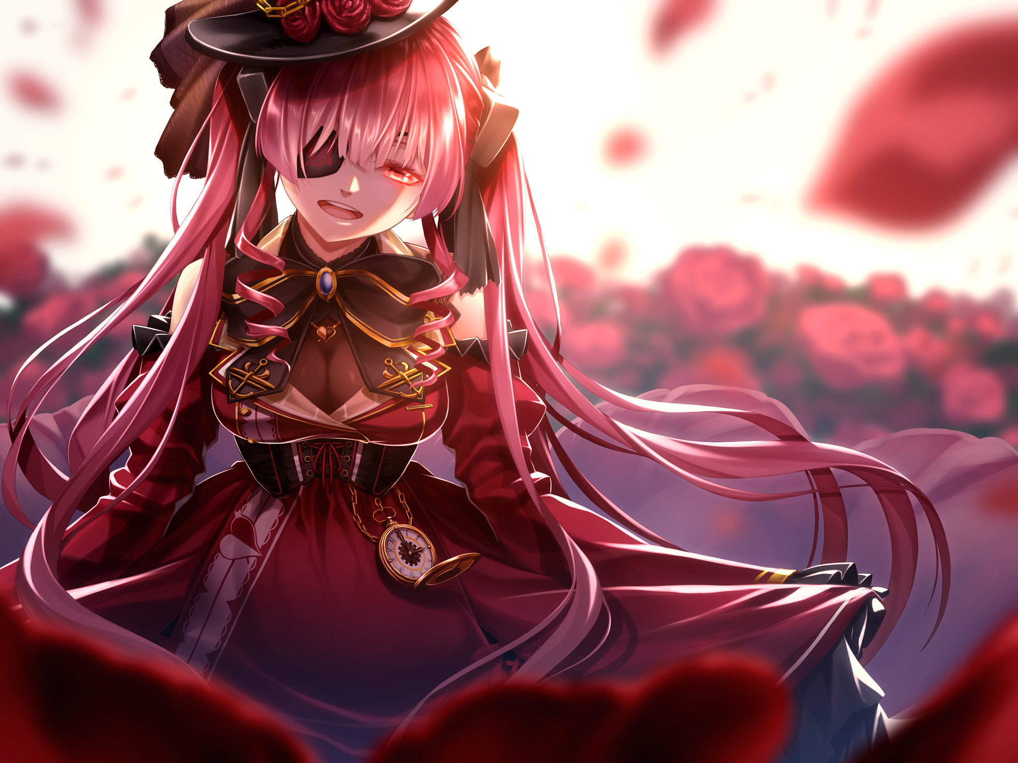Hololive Houshou Marine Dress Eye Patch Flower Long Hair Pink Hair Twintails 2000x1500