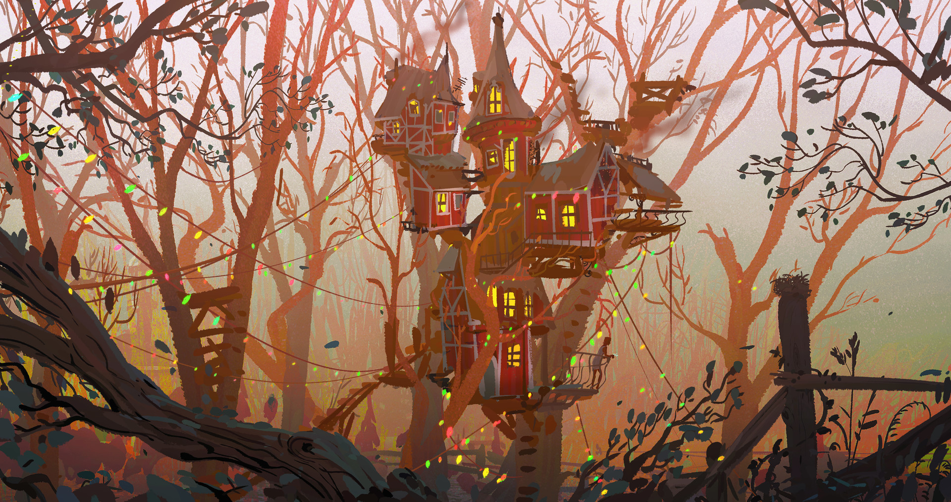Artwork Trees Tree House Forest 1920x1013
