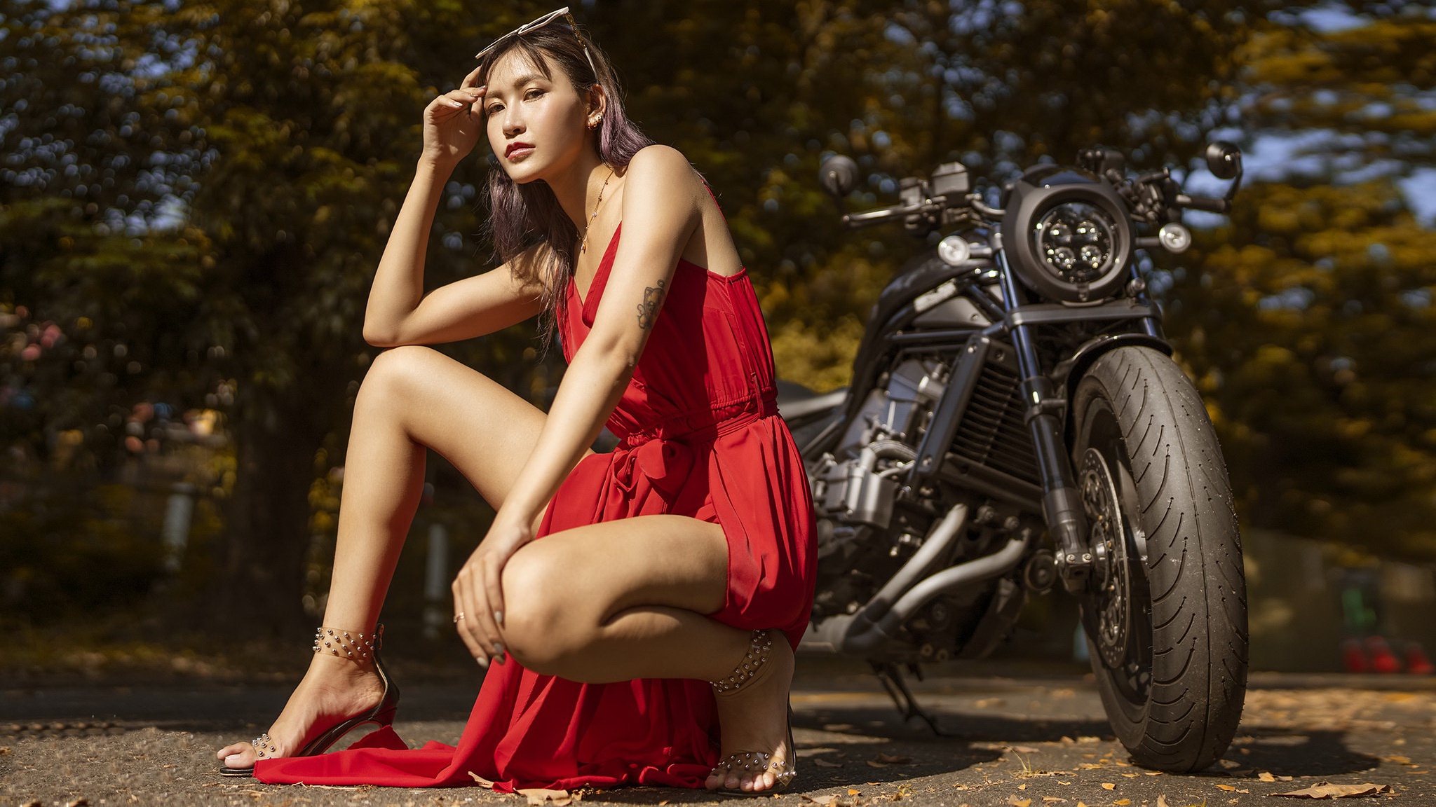 Asian Women Model Motorcycle Women With Motorcycles Dress Red Dress Red Clothing Women Outdoors Look 2048x1152