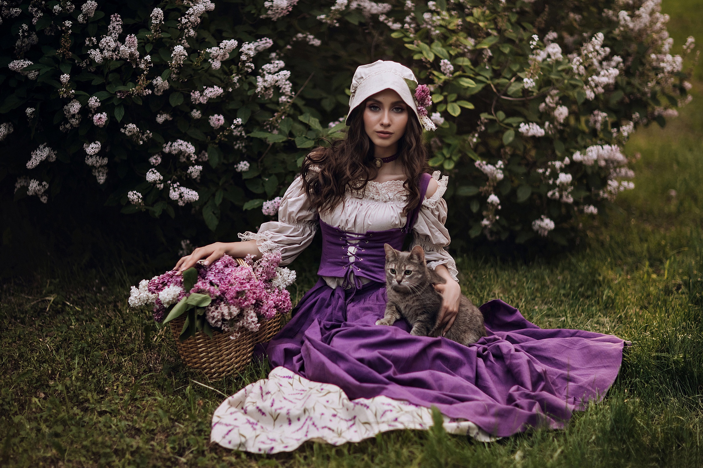 Women Model Purple Dress Dress Purple Clothing Baskets Plants Flowers Fantasy Girl Women Outdoors Ha 2250x1500
