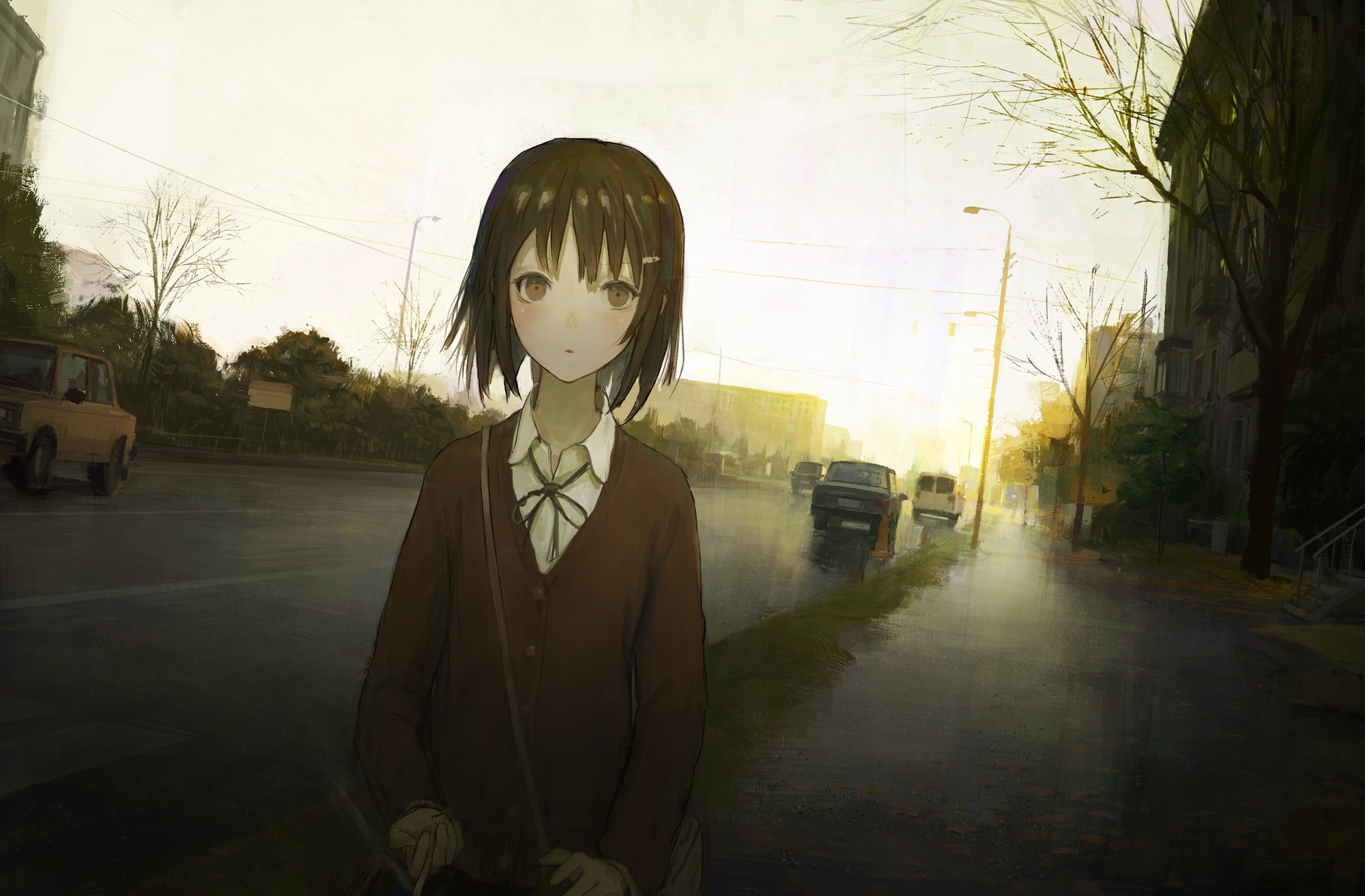Anime Girls Anime Car Rain Cigarettes Road LADA Short Hair Brunette Brown Eyes Artwork Shion Mirudak 2000x1313