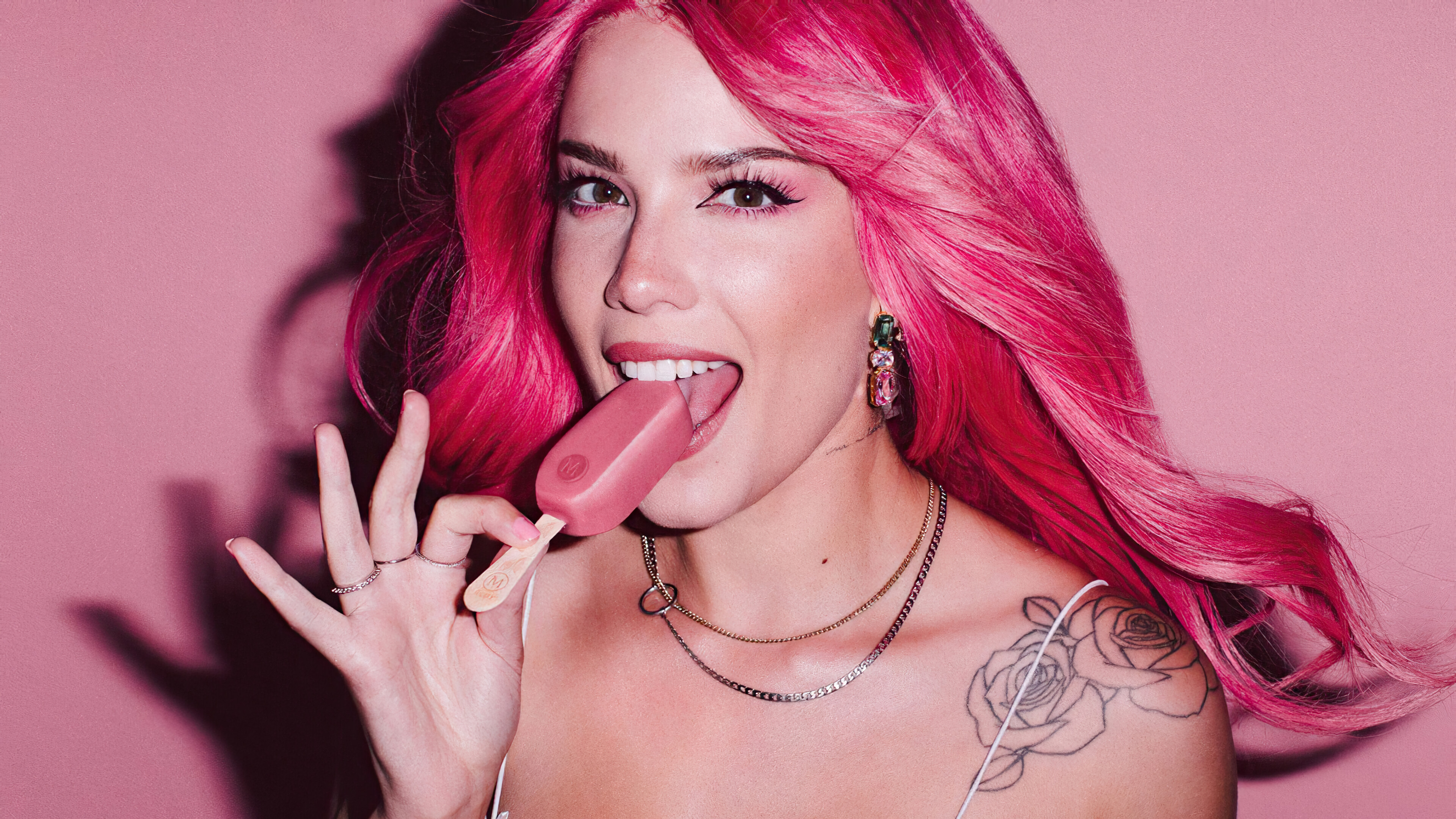 Halsey Magnum Ice Cream Food Singer Pink Tattoo Women Pink Hair 3840x2160