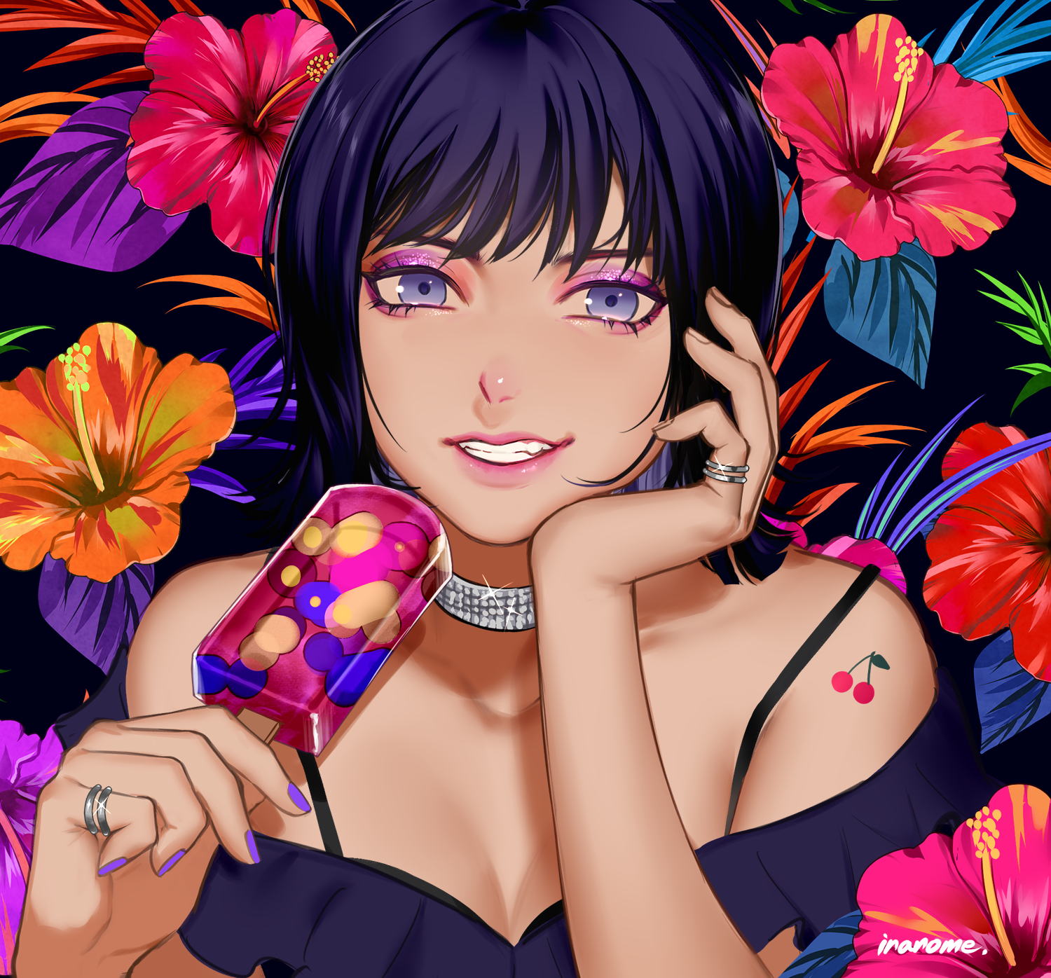 Anime Anime Girls Ice Cream Necklace Rings Flowers Smiling Dress Purple Nails Short Hair Violet Eyes 1500x1396