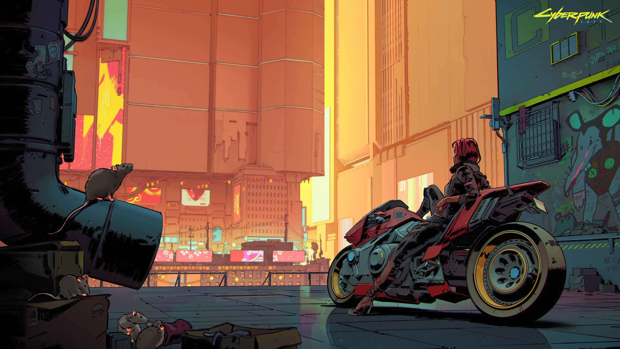 Anime Biker Cyberpunk Rats Cityscape Futuristic 2560x1440