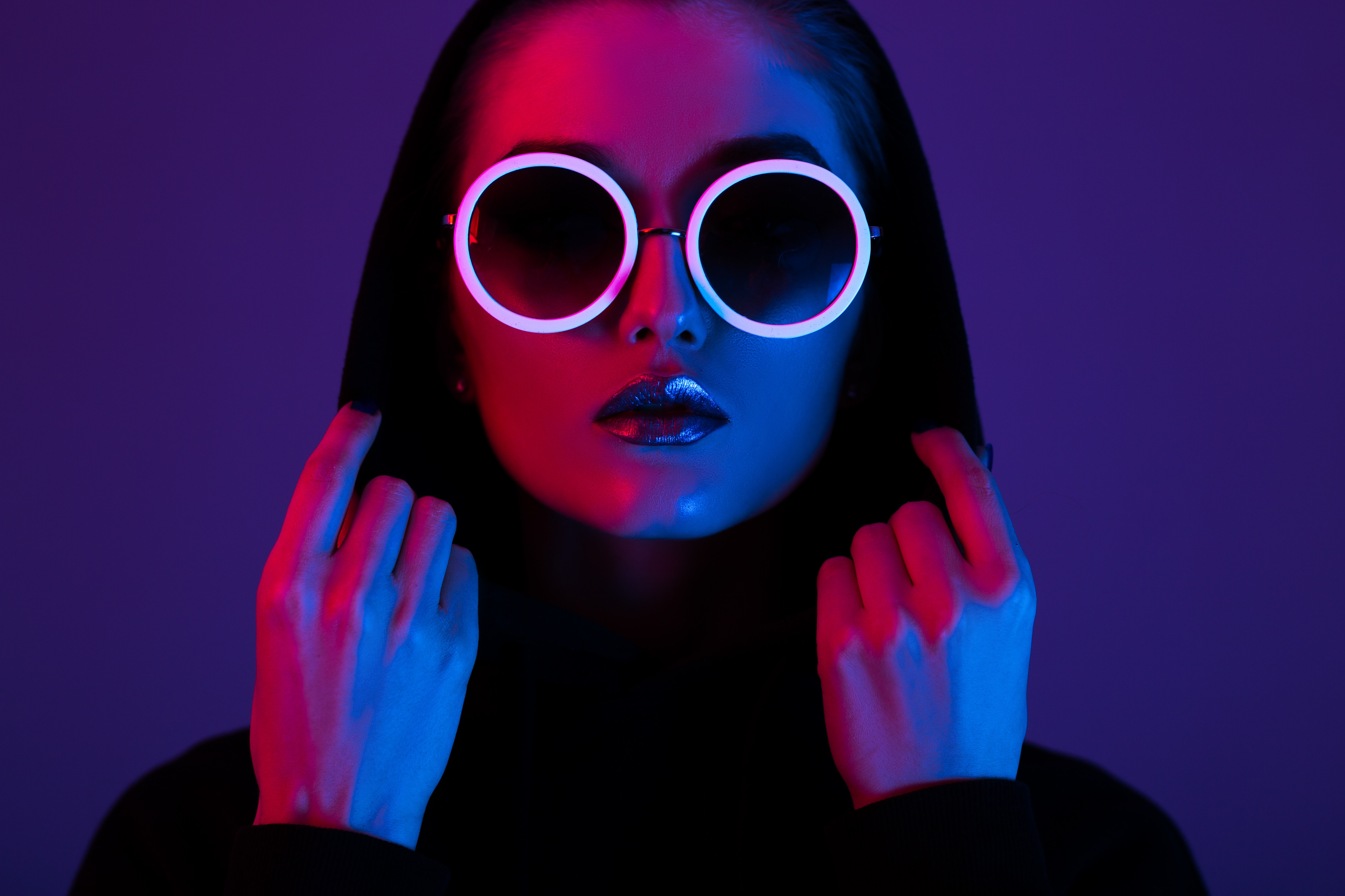 Women Neon Sunglasses Lights Red Blue Hoods Portrait Violet Makeup Closeup Face 5472x3648