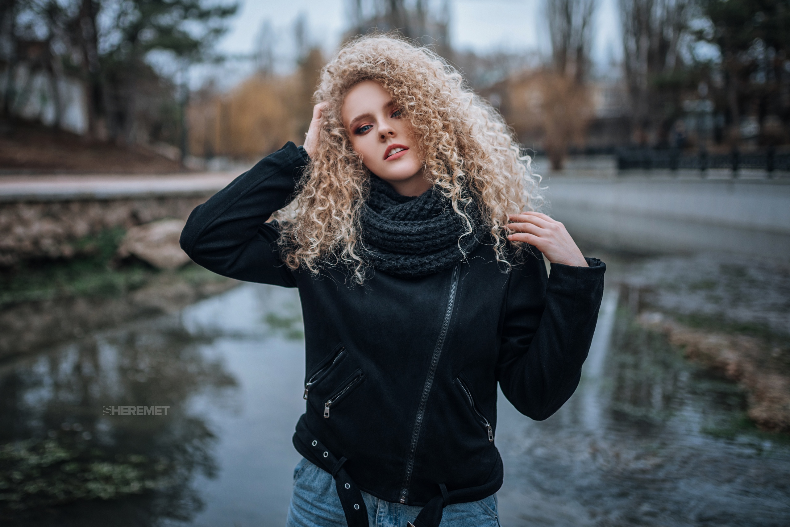 Ivan Sheremet Blonde Model Women Women Outdoors Winter Curly Hair Jacket Scarf Jeans Lake Trees Blue 2560x1708