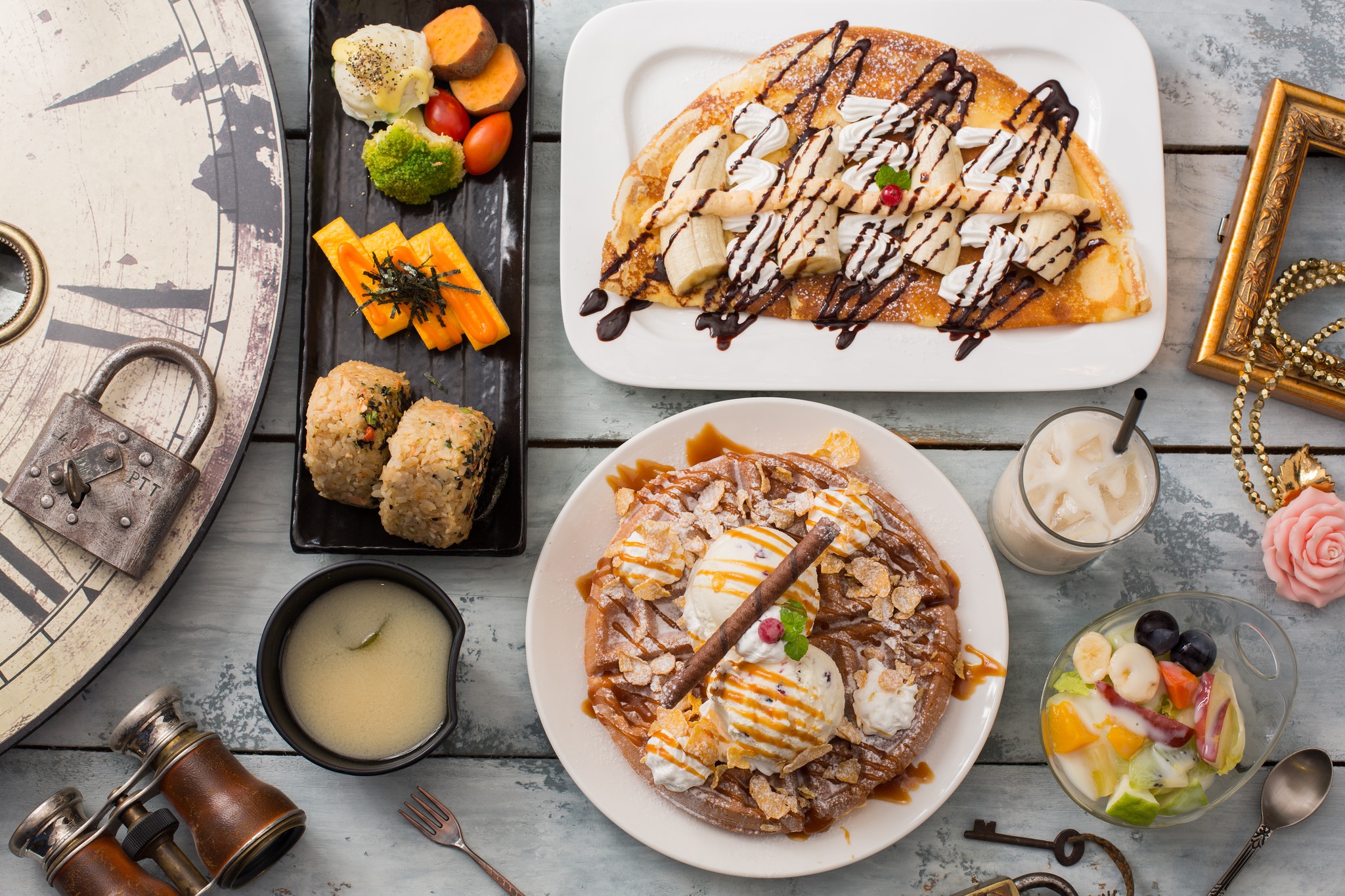 Food Ice Cream Sweets Crepes Waffles Flowers Cinnamon Chocolate Sauce Wooden Surface 2048x1365
