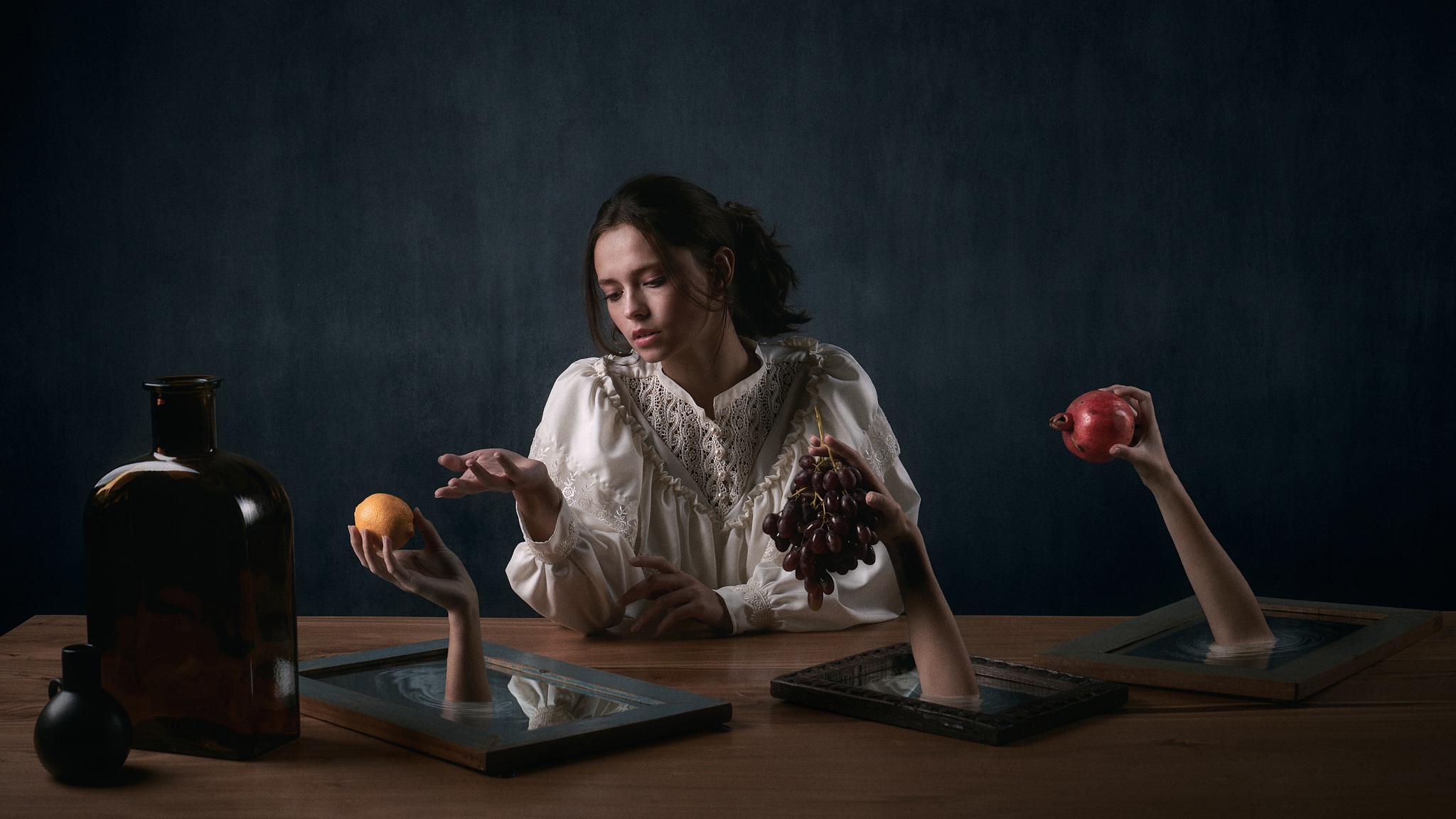 Sergey Gorshenin Women Lera Rubtsova Brunette White Clothing Surreal Hands Fruit Table Food Orange F 2048x1152
