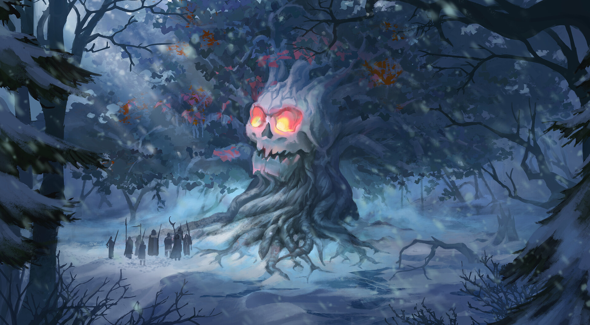 Artwork ArtStation Fantasy Art Olga Taniushkina Trees Skull People Living Tree Druids 1920x1057