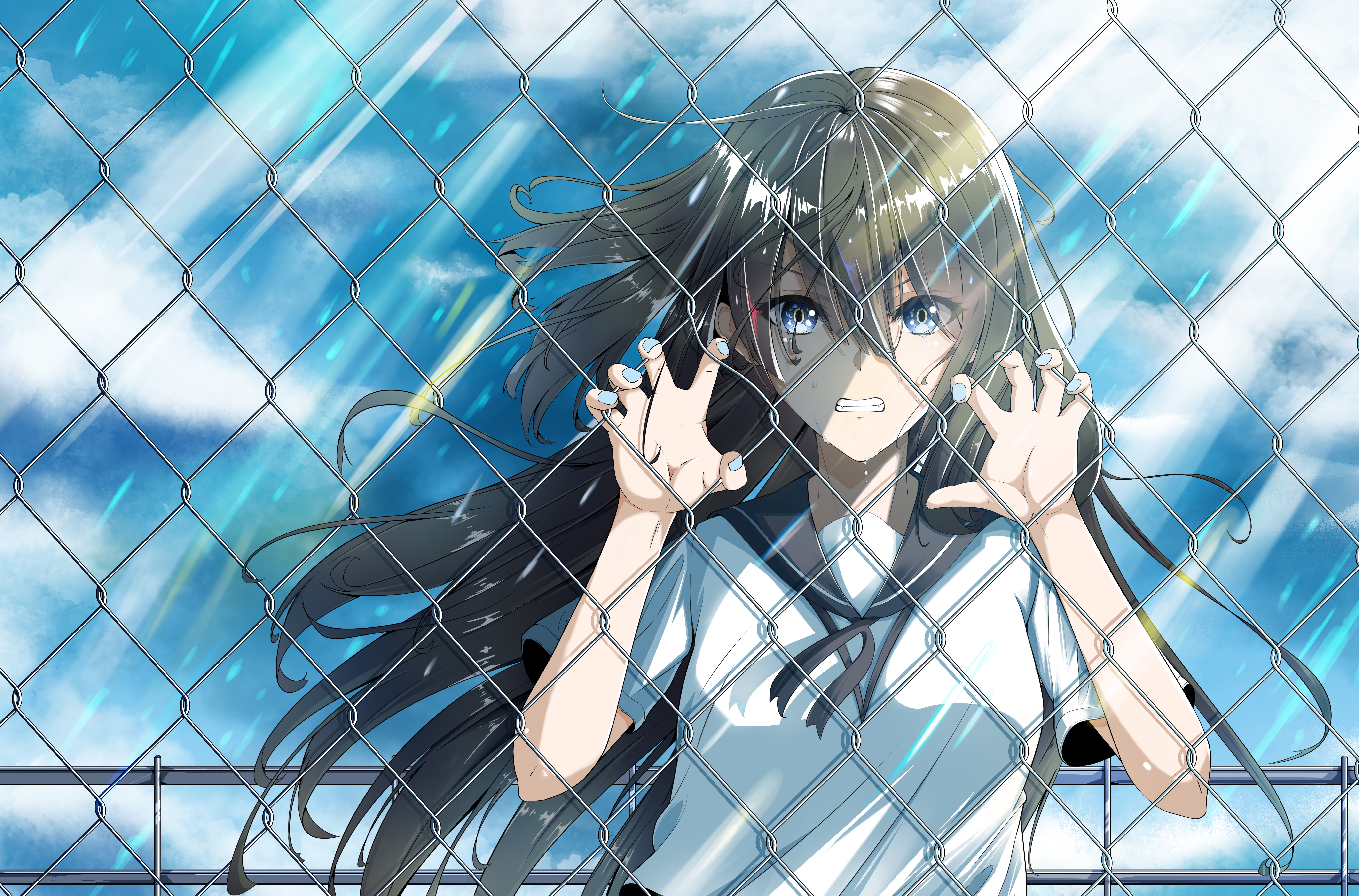 Anime Anime Girls Fence Clenched Teeth Long Hair Black Hair Blue Eyes Tears School Uniform 8327x5492