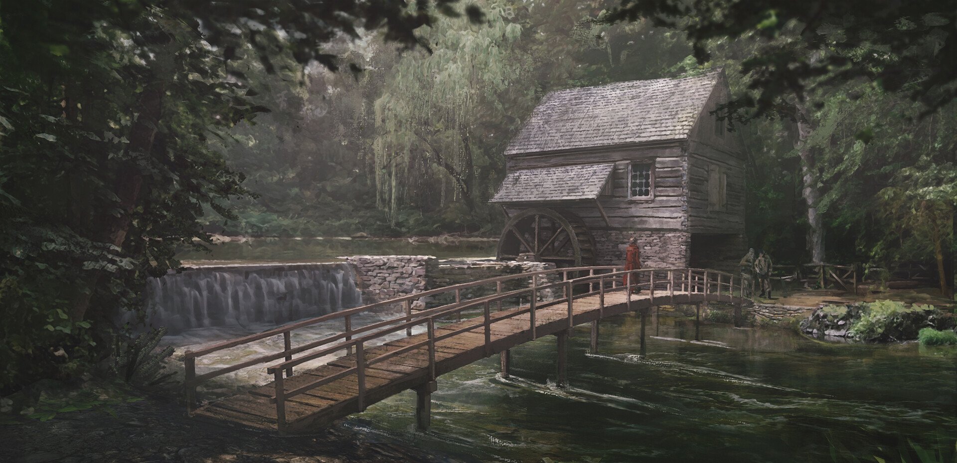 Artwork Nature Bridge River Forest Watermills 1920x929
