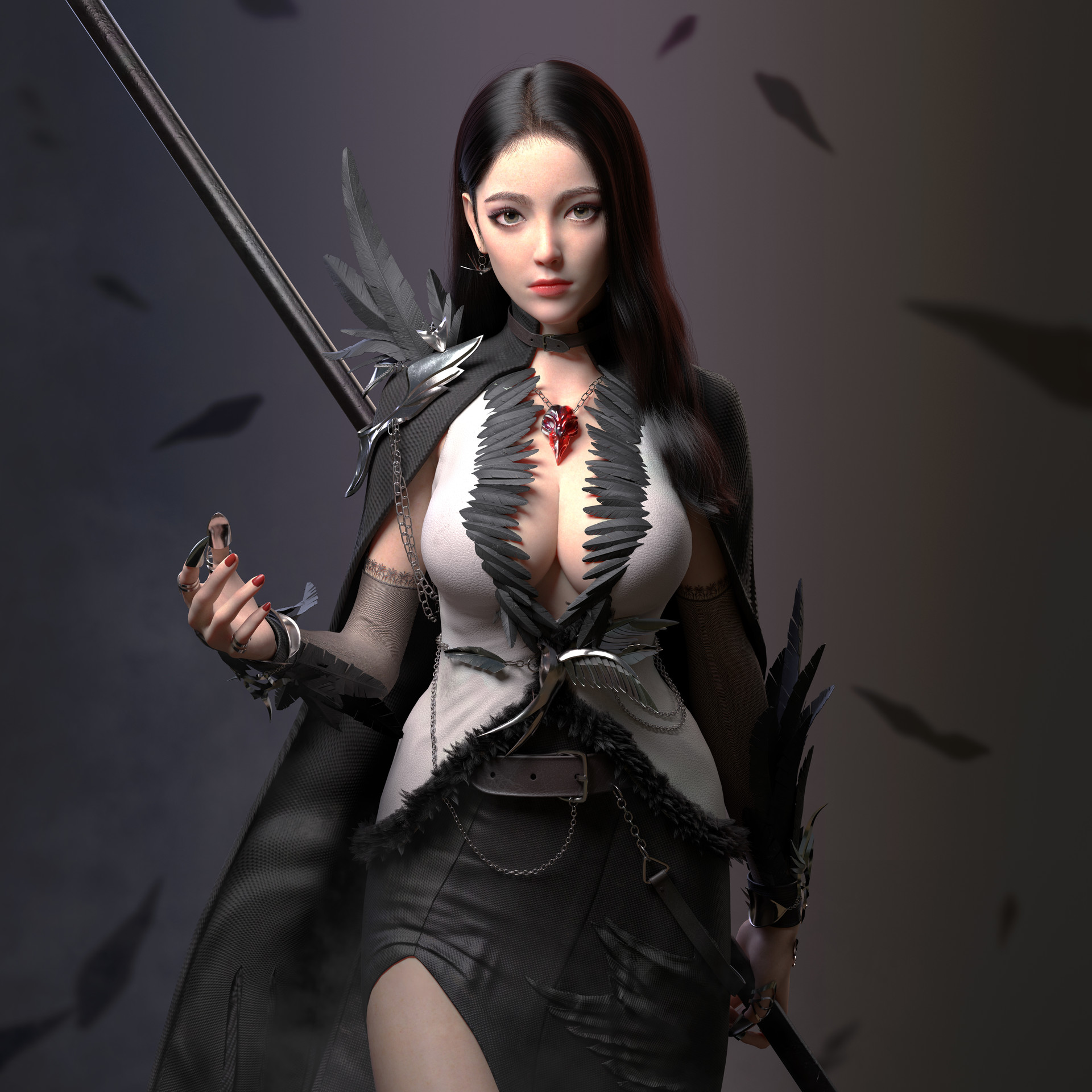 Cifangyi Women Dark Hair Dress Black Clothing Painted Nails Necklace Weapon Feathers Render 1920x1920