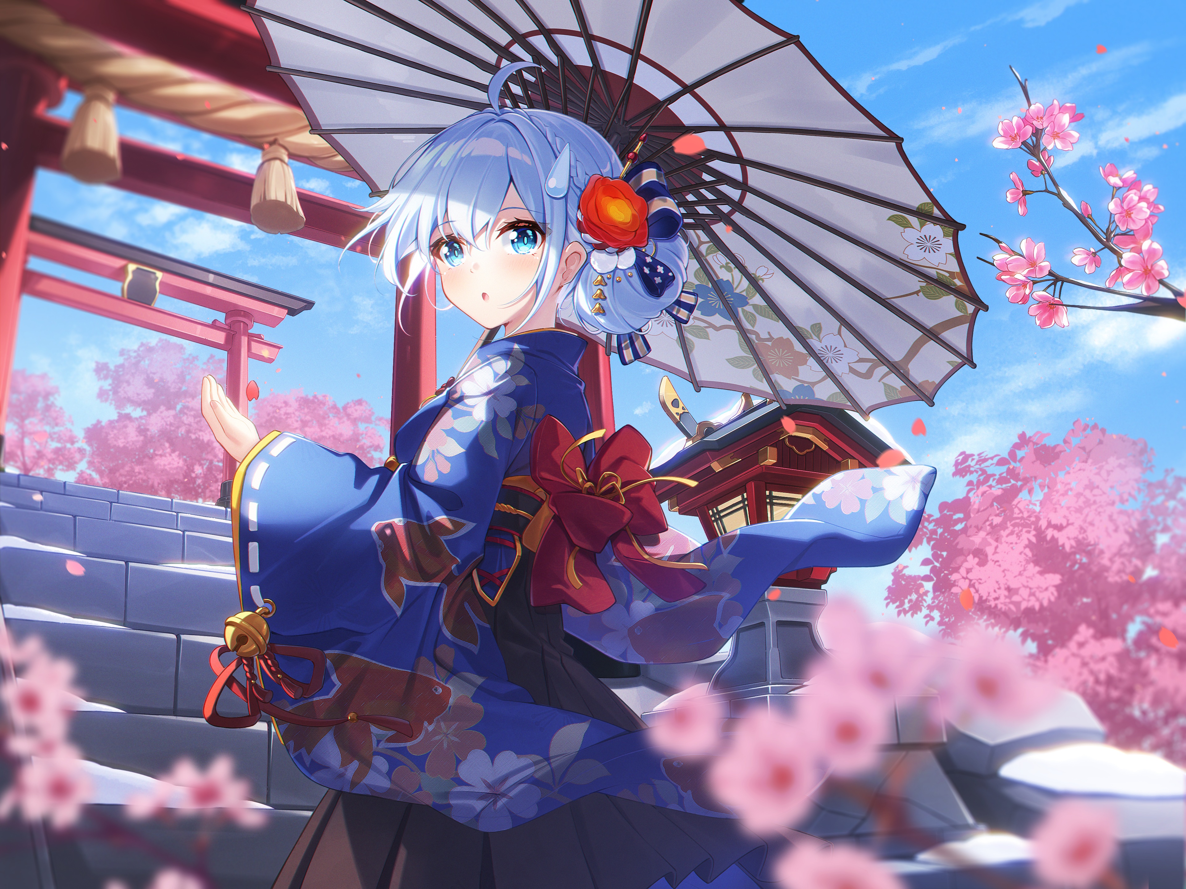 Anime Anime Girls Dango Remi Artwork Blue Hair Blue Eyes Japanese Clothes Umbrella Cherry Blossom 3840x2880