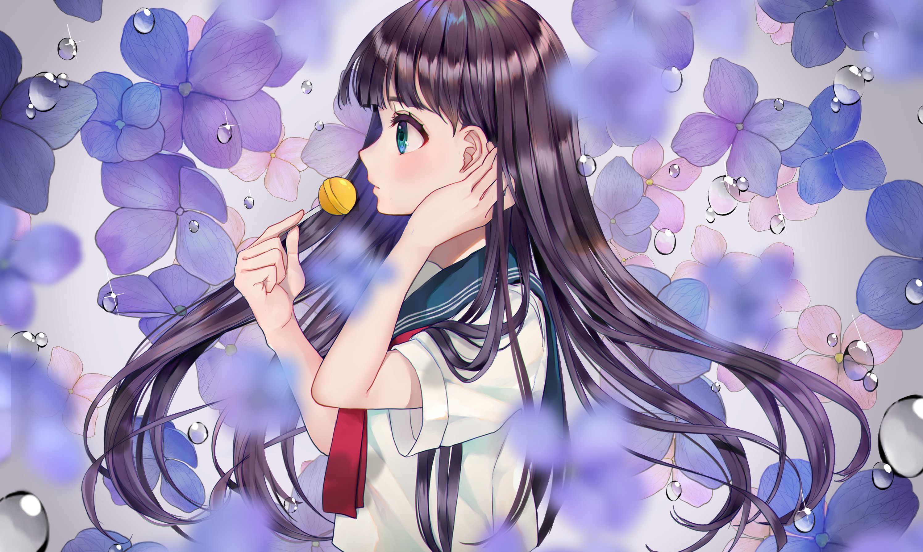 Anime Anime Girls MochiHonpo Artwork Long Hair Dark Hair School Uniform Lollipop 2991x1788