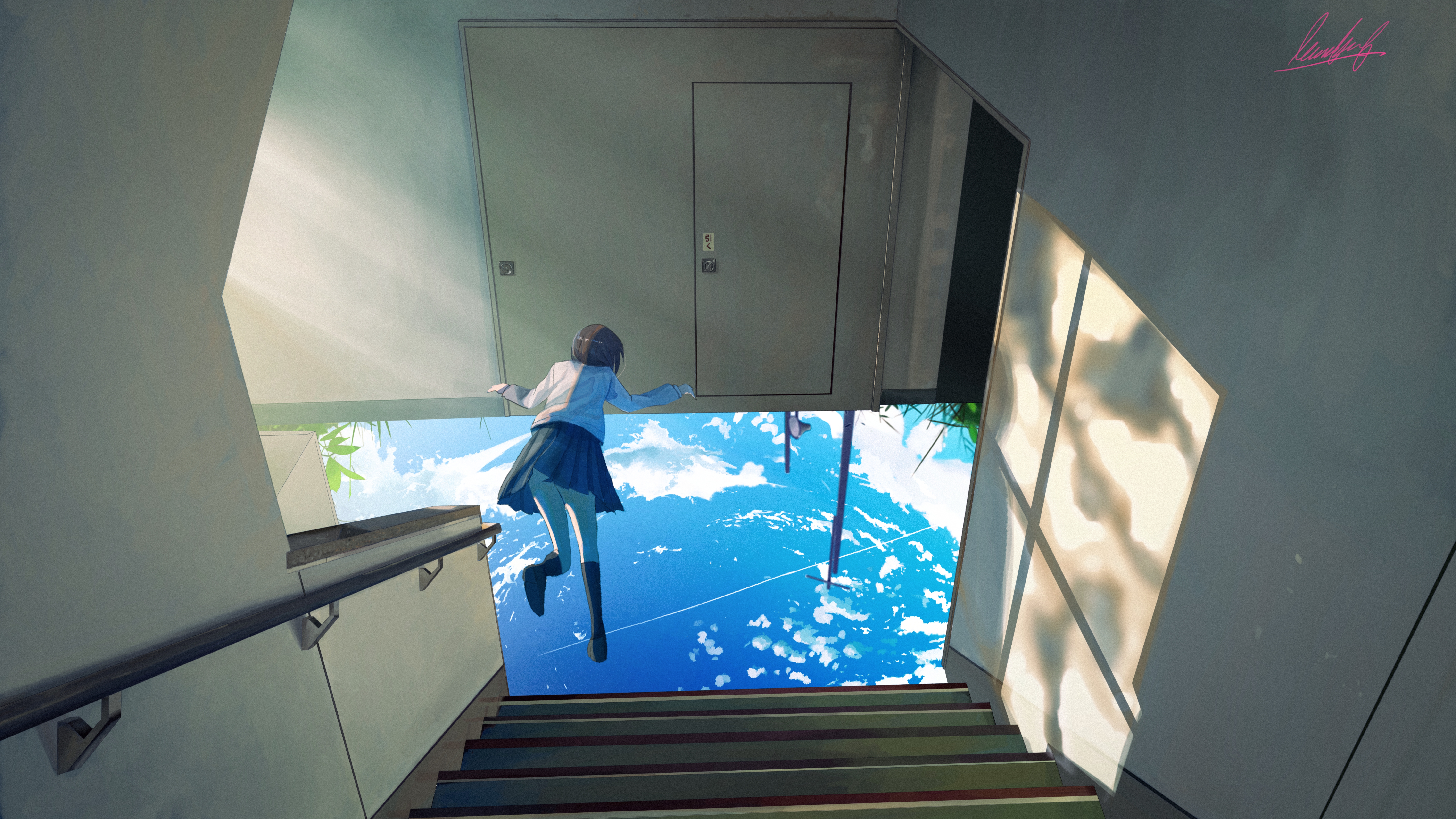 Anime Anime Girls Stairs Falling Sky Clouds Grass Door Brunette Sun Rays Banishment 6000x3375