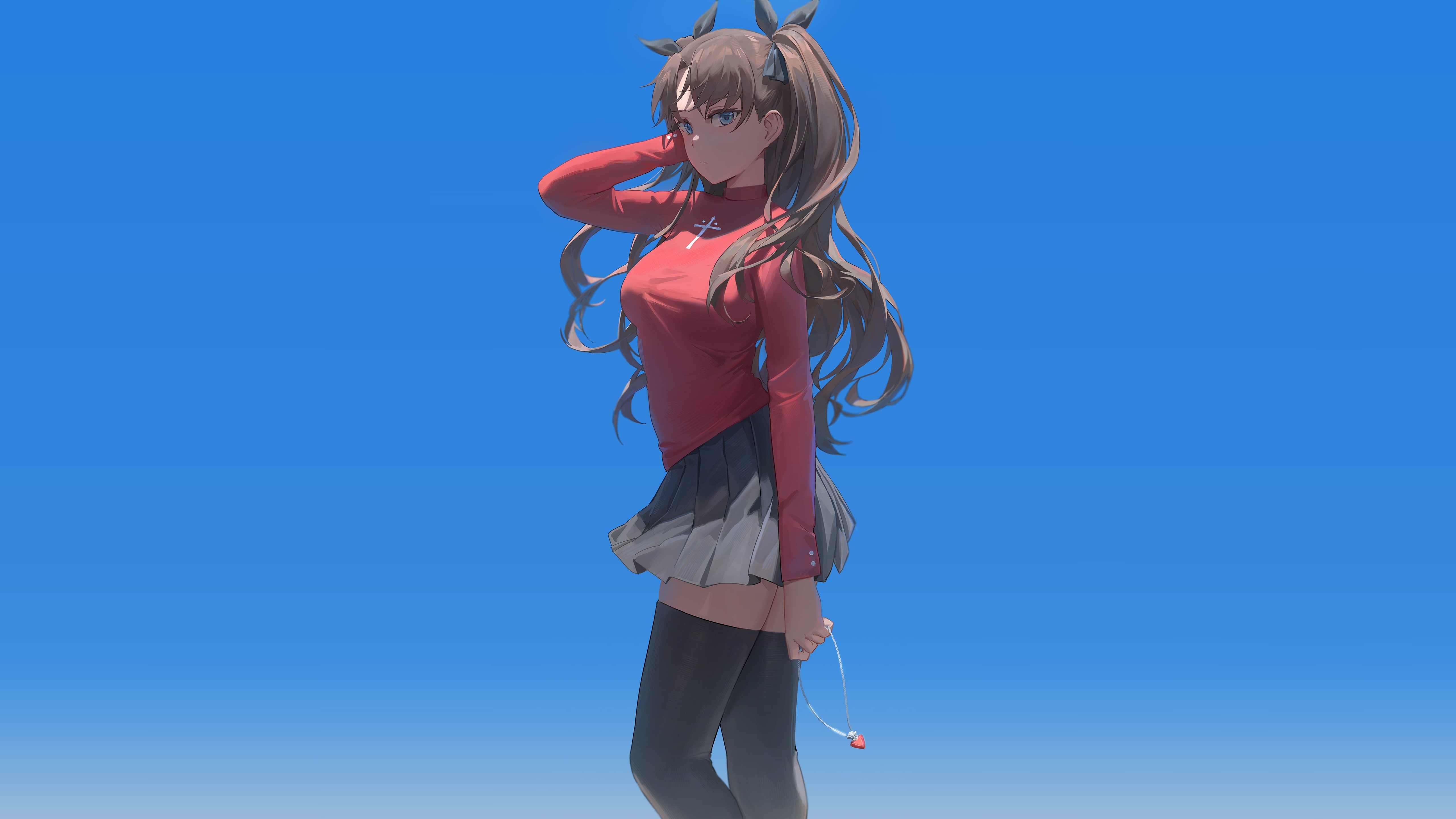 Yohan1754 Fate Series Tohsaka Rin Anime Anime Girls Simple Background Looking At Viewer Twintails Lo 5124x2882