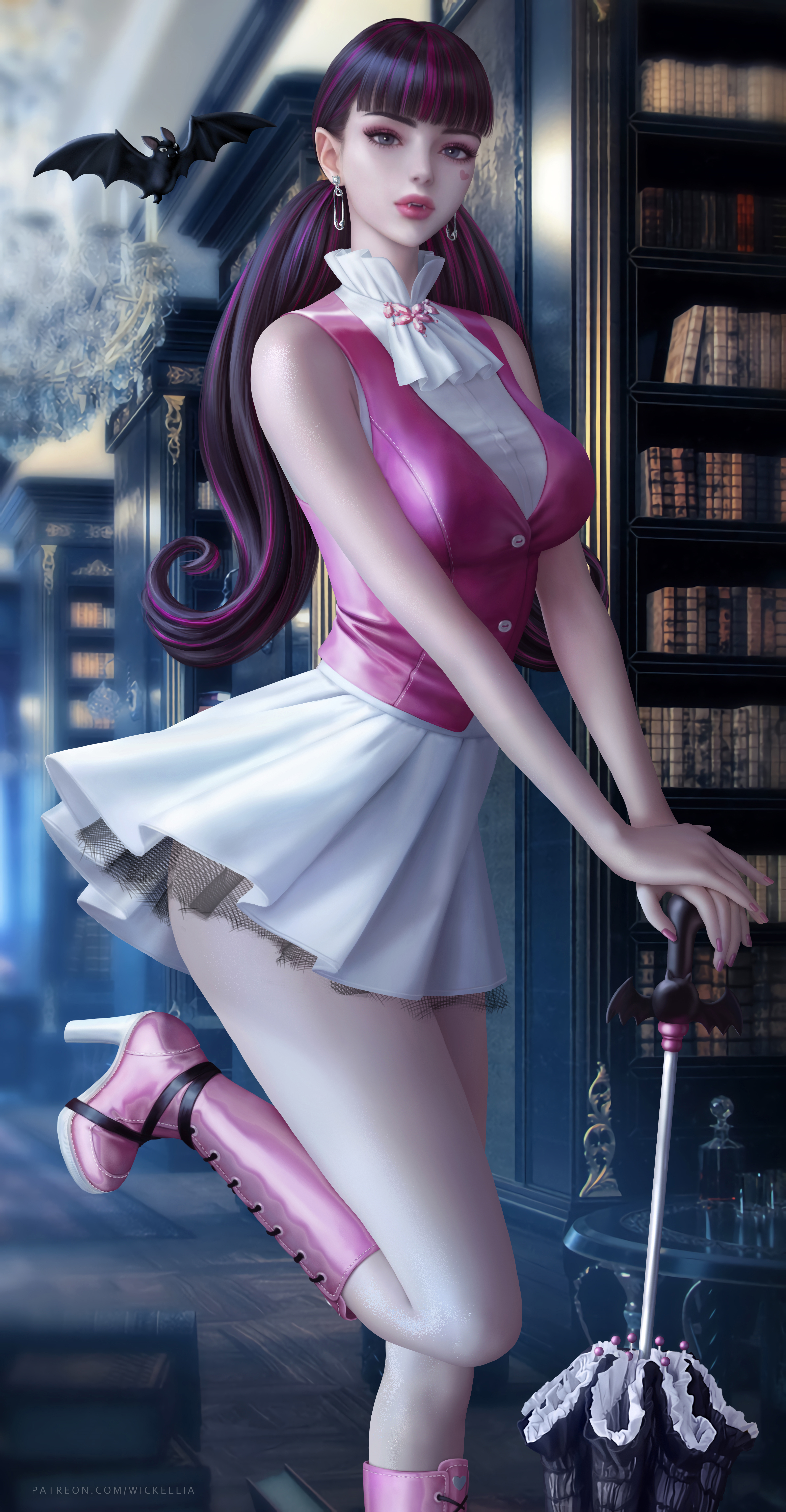 Draculaura Monster High Vampires Fantasy Girl Library Twintails Bangs Bats Pink Tops Boots Umbrella  3900x7500