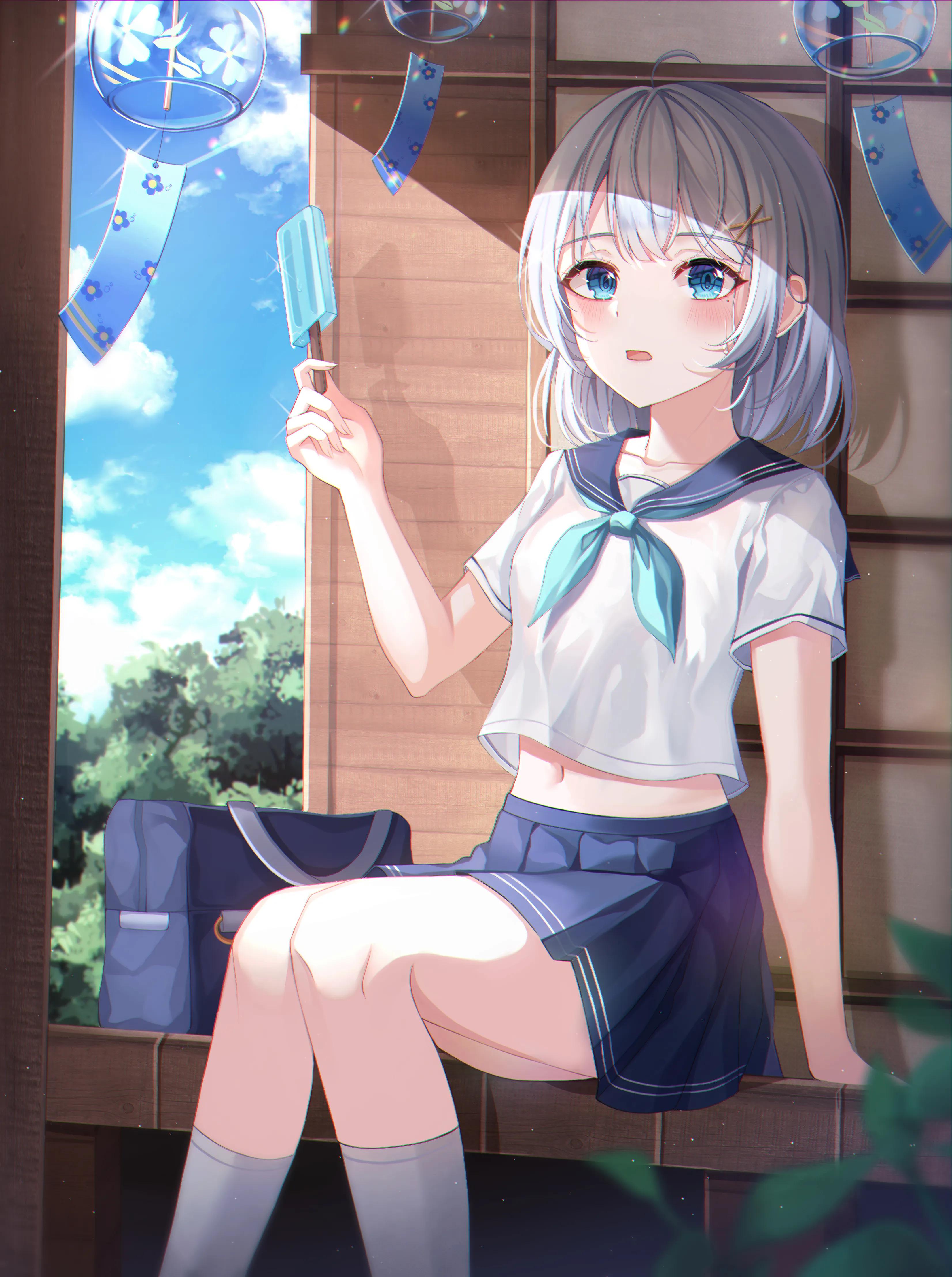 Anime Girls Schoolgirl School Uniform Sailor Uniform Ice Cream Silver Hair Blue Eyes 3305x4430