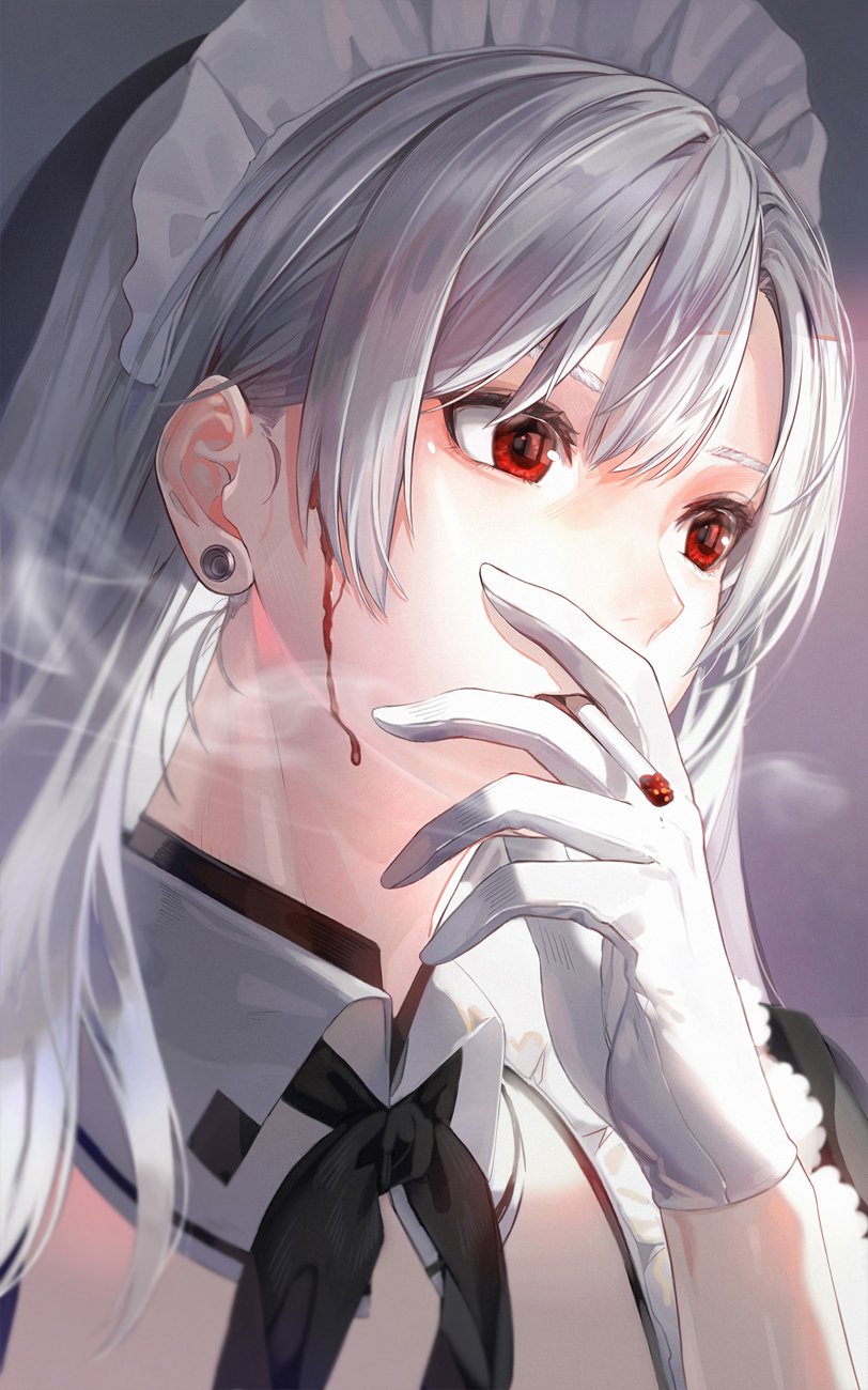 Anime Anime Girls Silver Hair Red Eyes Maid Outfit Gloves Smoking 812x1300