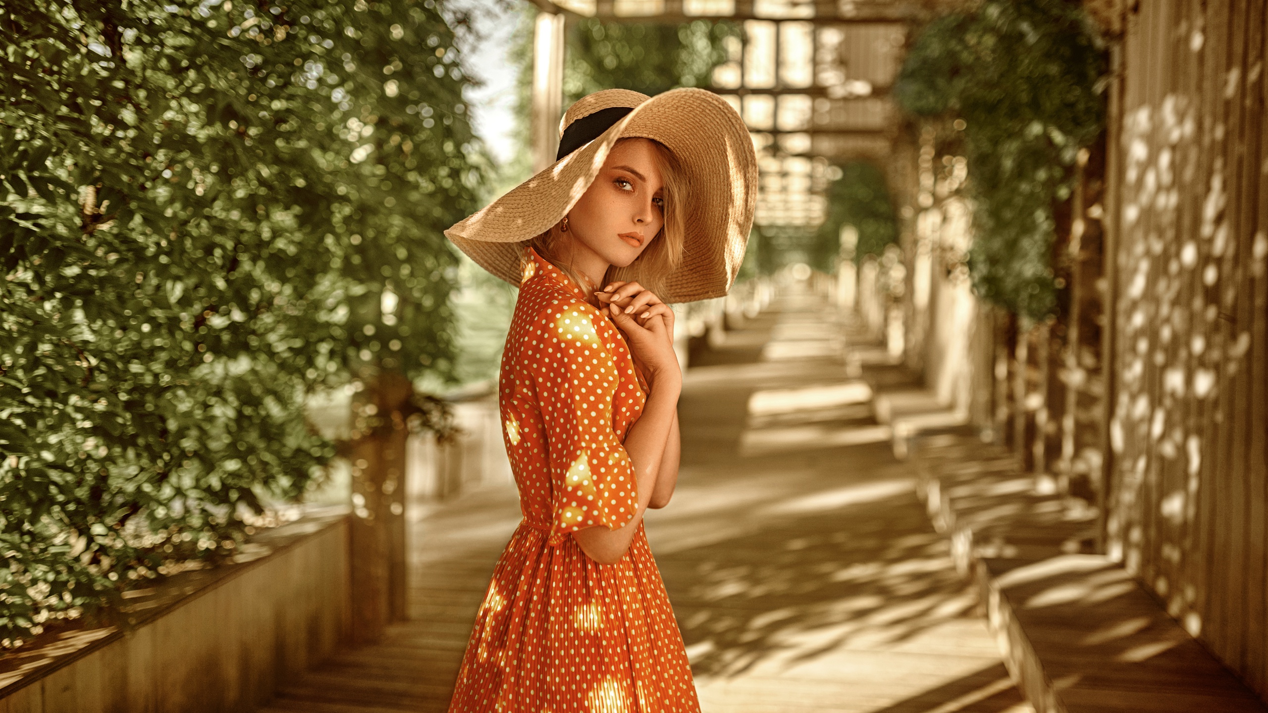 Women Model Women Outdoors Hat Women With Hats Makeup Orange Dress Dress Orange Clothing Looking At  2560x1440