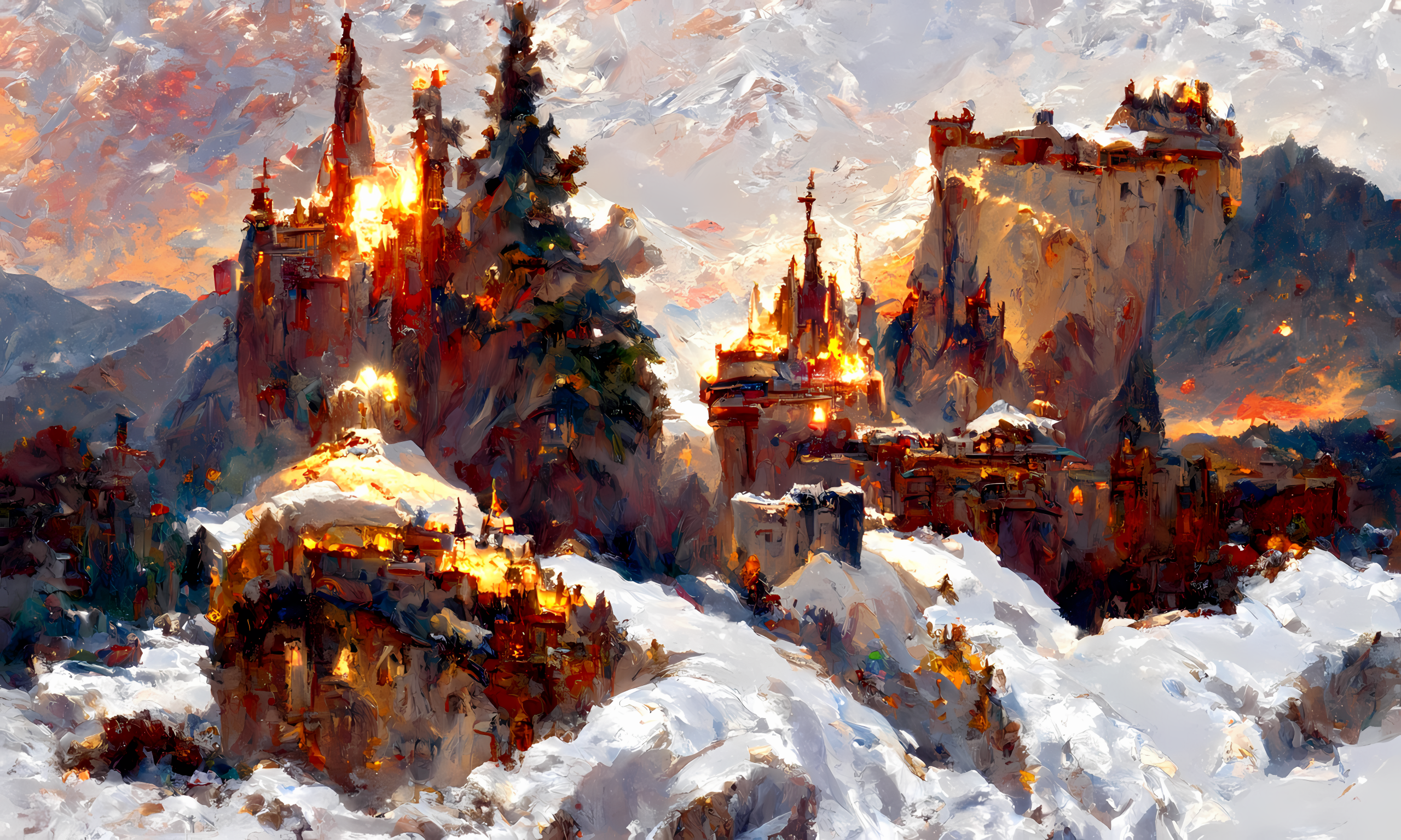 Painting Castle Snow Winter Trees Sky Artwork 2560x1536