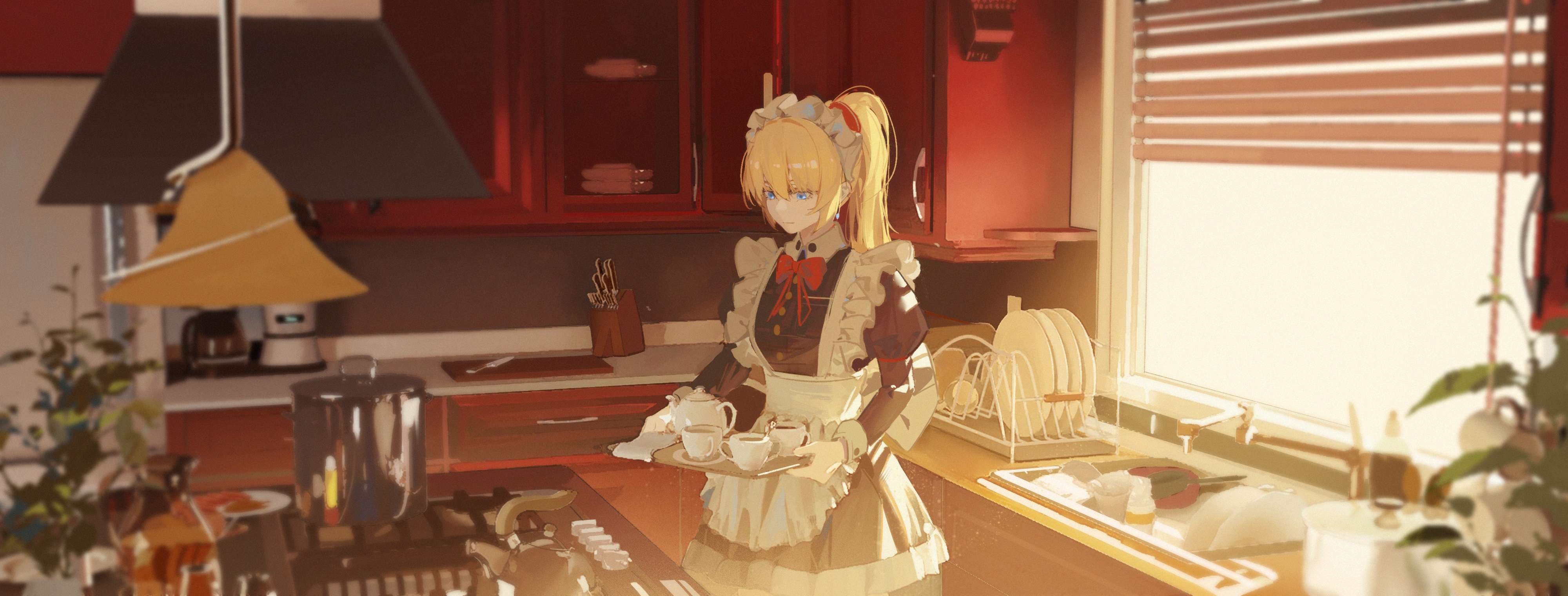 Anime Anime Girls Kitchen Cup Hotplate Machine Pot Tools Women Indoors Blonde Maid Maid Outfit Sink  4000x1520