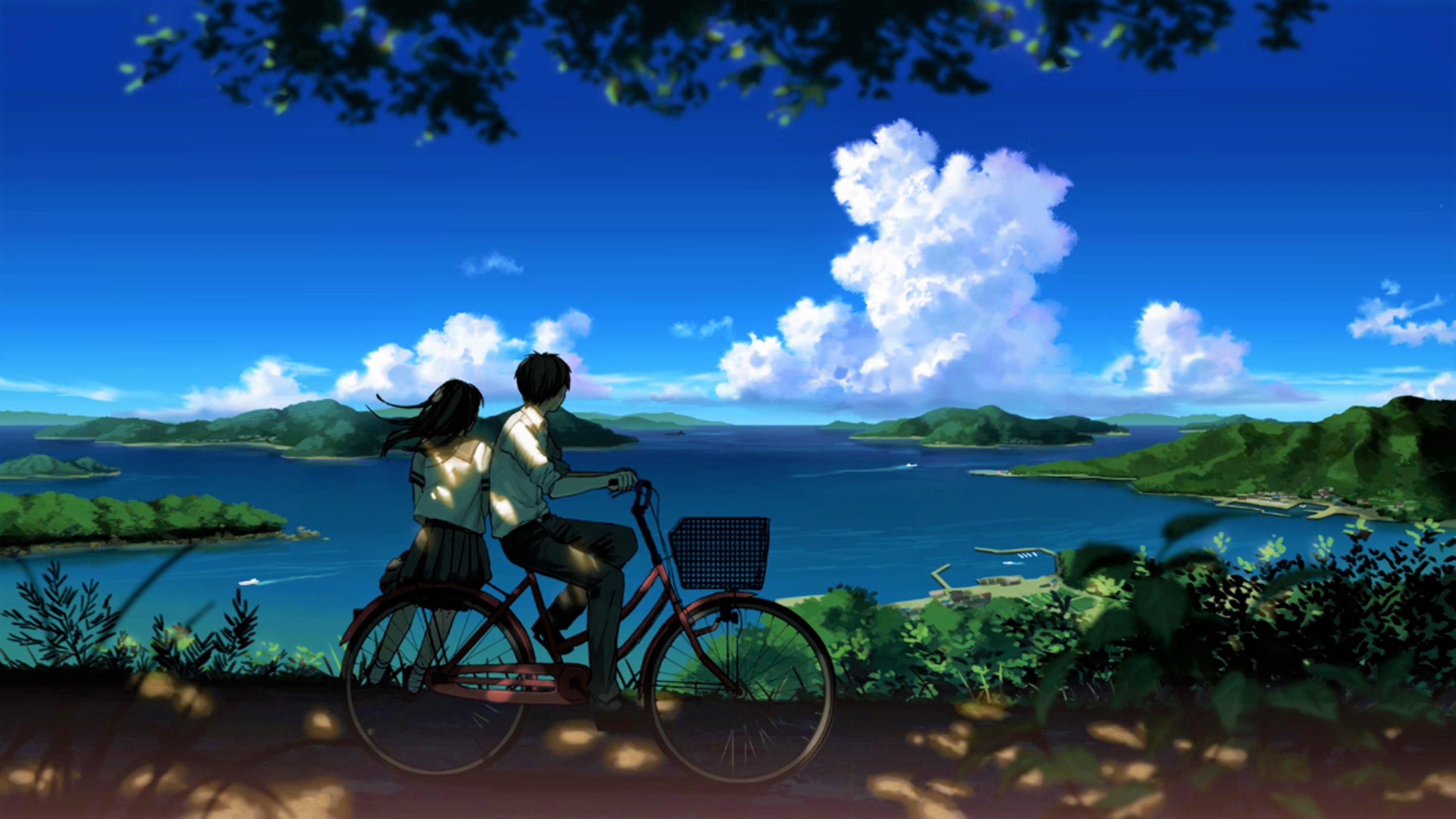 Bicycle Bike Boy Cloud Couple Girl Lake Landscape Man Mountain Scenery Sky  Uniform Wallpaper - Resolution:2880x1620 - ID:1205476 