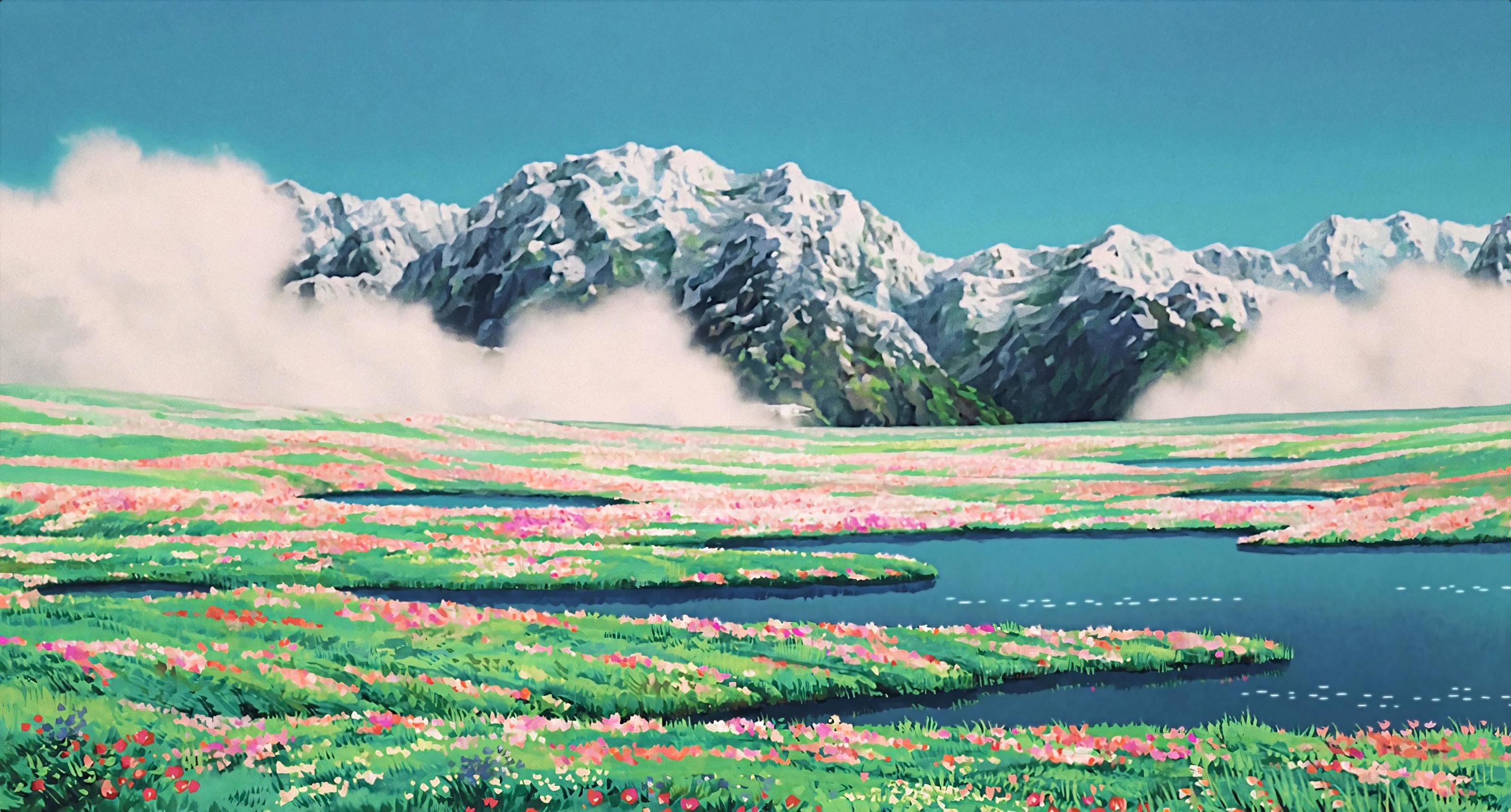 Watercolor Landscape Mountains Studio Ghibli Field 3200x1720