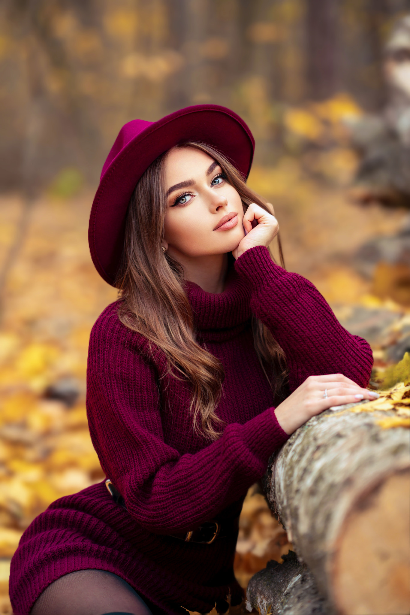 Olga Boyko Women Hat Brunette Makeup Red Clothing Nature Fall Model Women Outdoors 1366x2048
