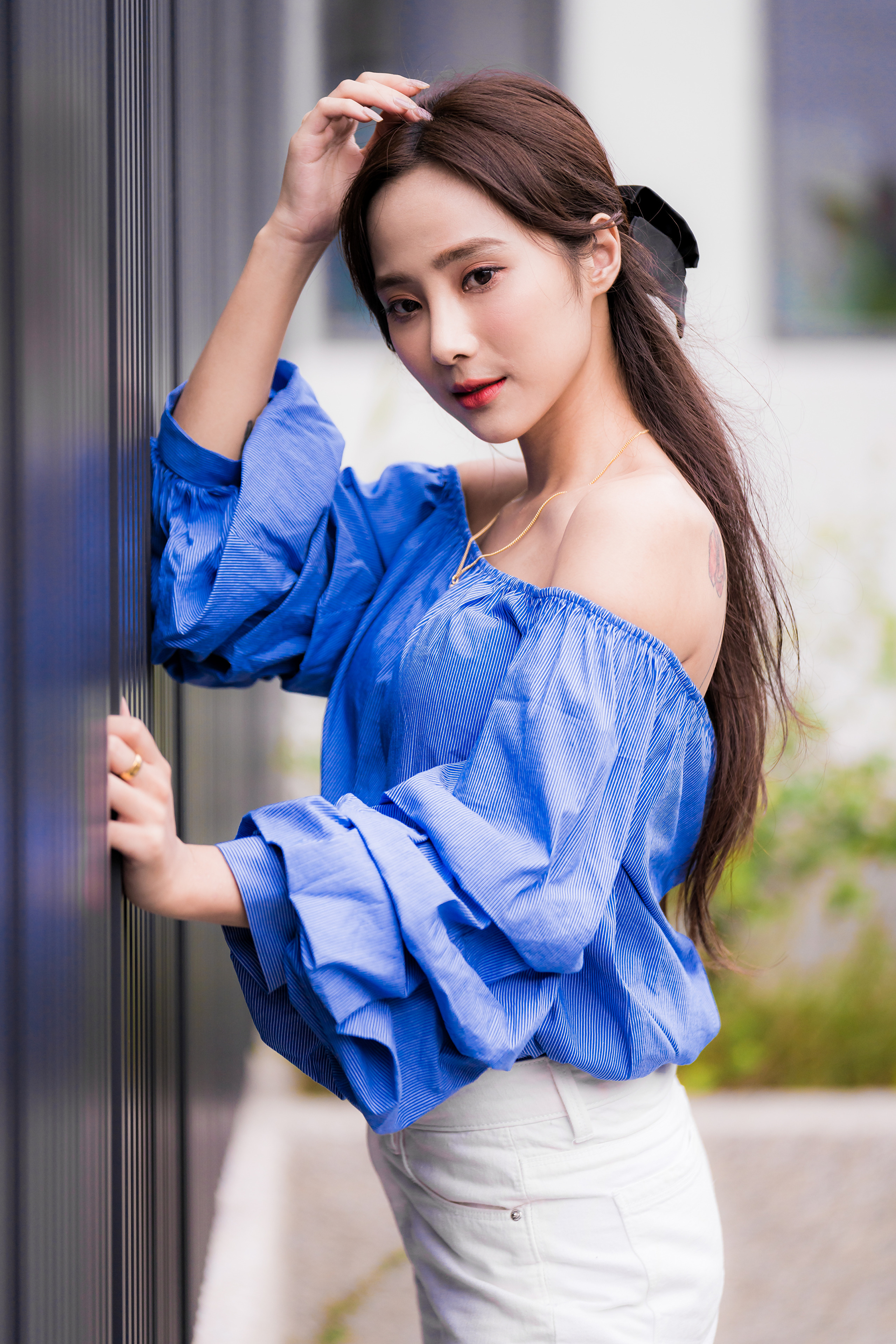 Asian Model Women Long Hair Dark Hair Blue Blouse Necklace Bare Shoulders Pants Ponytail Depth Of Fi 2560x3840