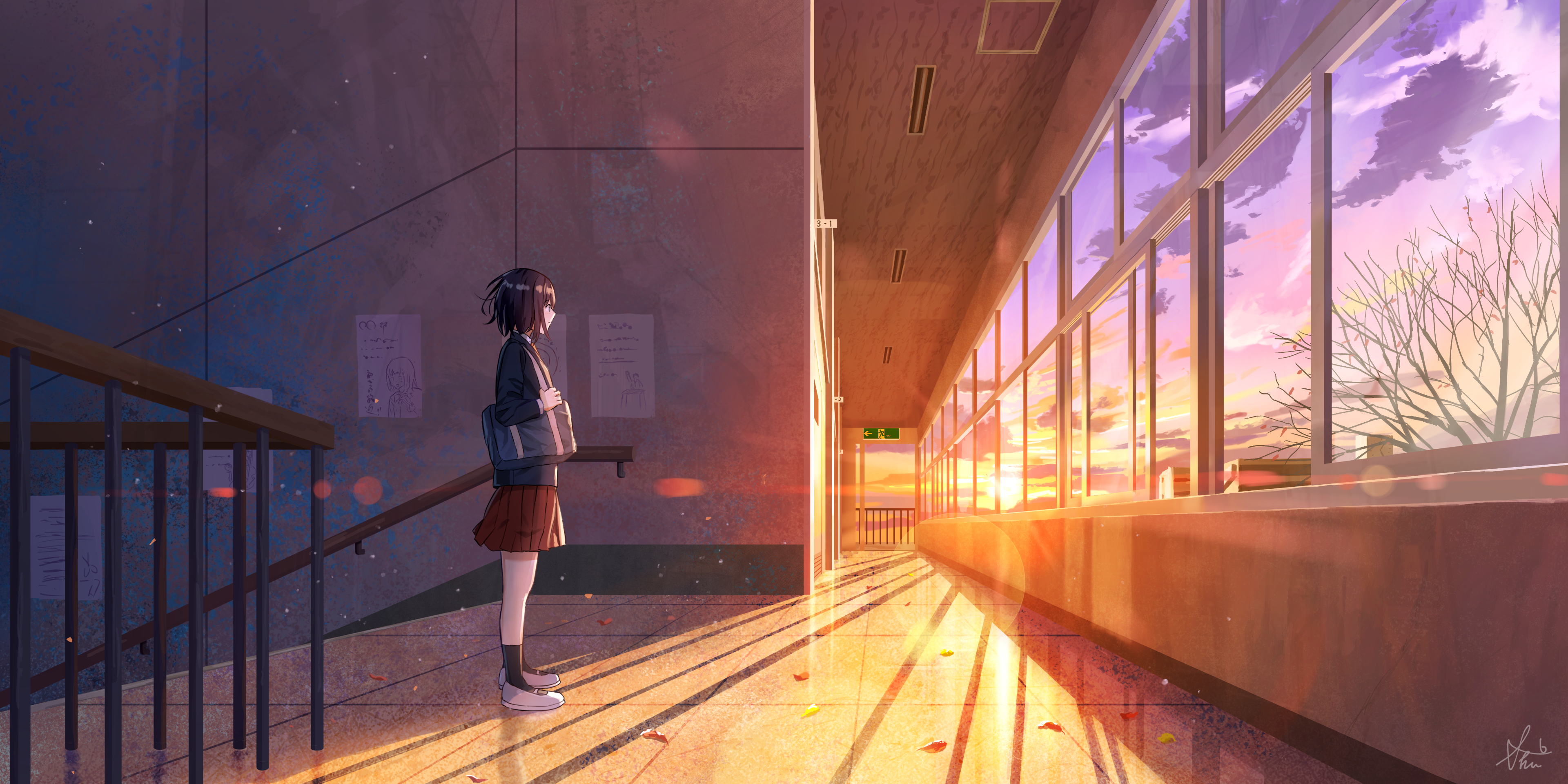 Anime Anime Girls School School Uniform Short Hair Dark Hair Sunset 3840x1920